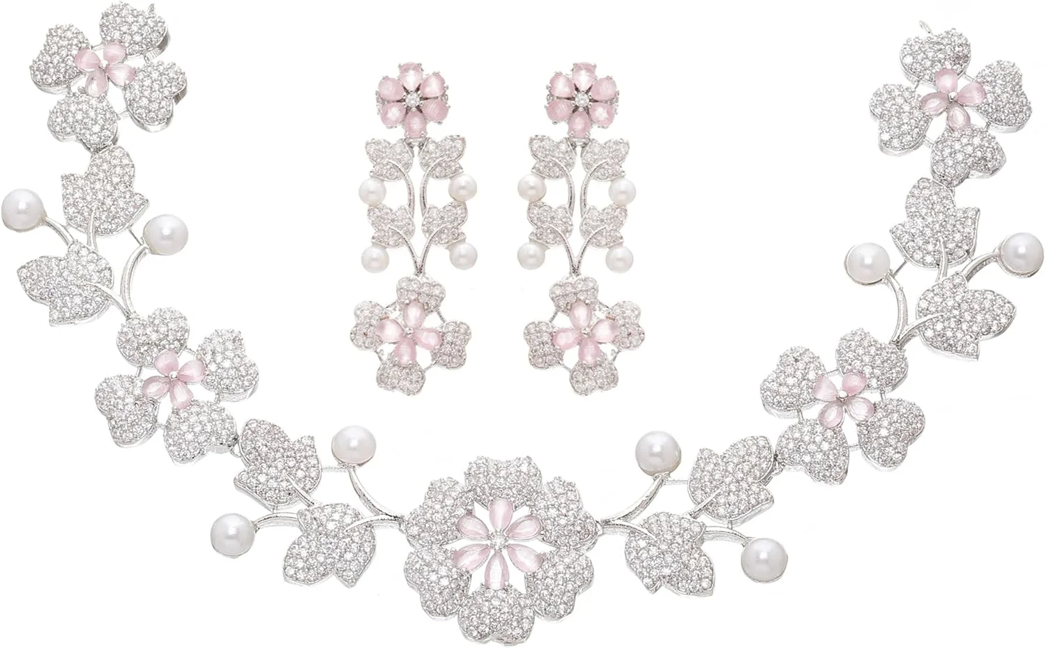 ست گردنبند و گوشواره زنانه با طرح گل و نگین های زیرکونیا مکعبی آبکاری شده با رودیوم برند زنمه