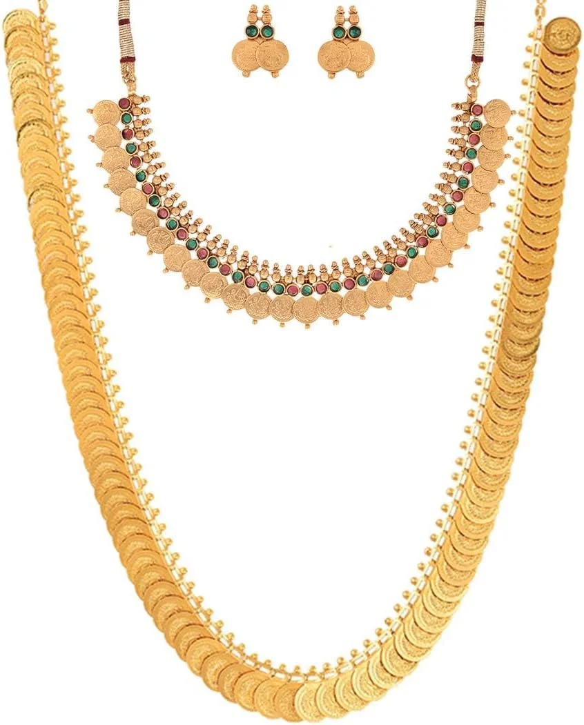 ست گردنبند و گوشواره زنانه طرح معبد سکه ای ماهارانی هارام مطلا با روکش طلایی ZENEME و ست گردنبند سکه ای معبد سبز قرمز مناسب عروسی، از جنس مس