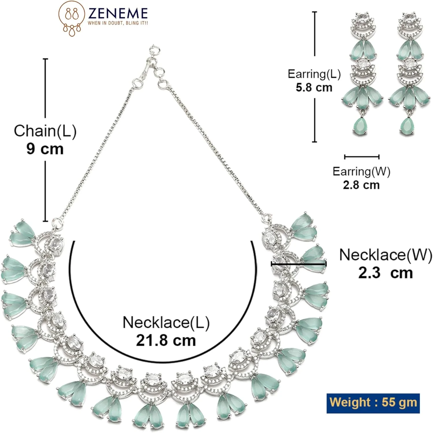 ست گردنبند و گوشواره زنانه نگین دار طرح اشکی و هلالی با روکش رودیوم ZENEME