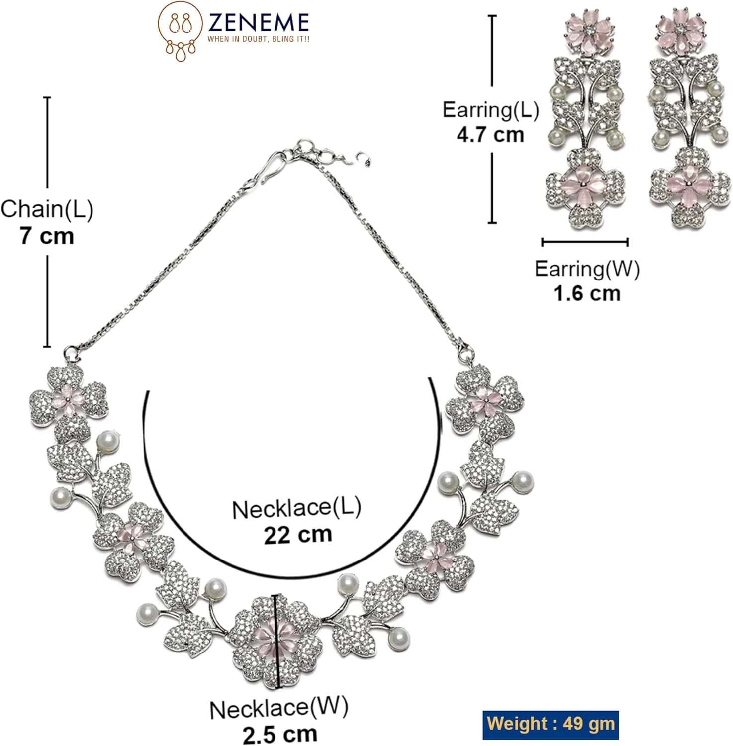 ست گردنبند و گوشواره زنانه با طرح گل و نگین های زیرکونیا مکعبی آبکاری شده با رودیوم برند زنمه ست گردنبند و گوشواره زنانه با طرح گل و نگین های زیرکونیا مکعبی آبکاری شده با رودیوم برند زنمه