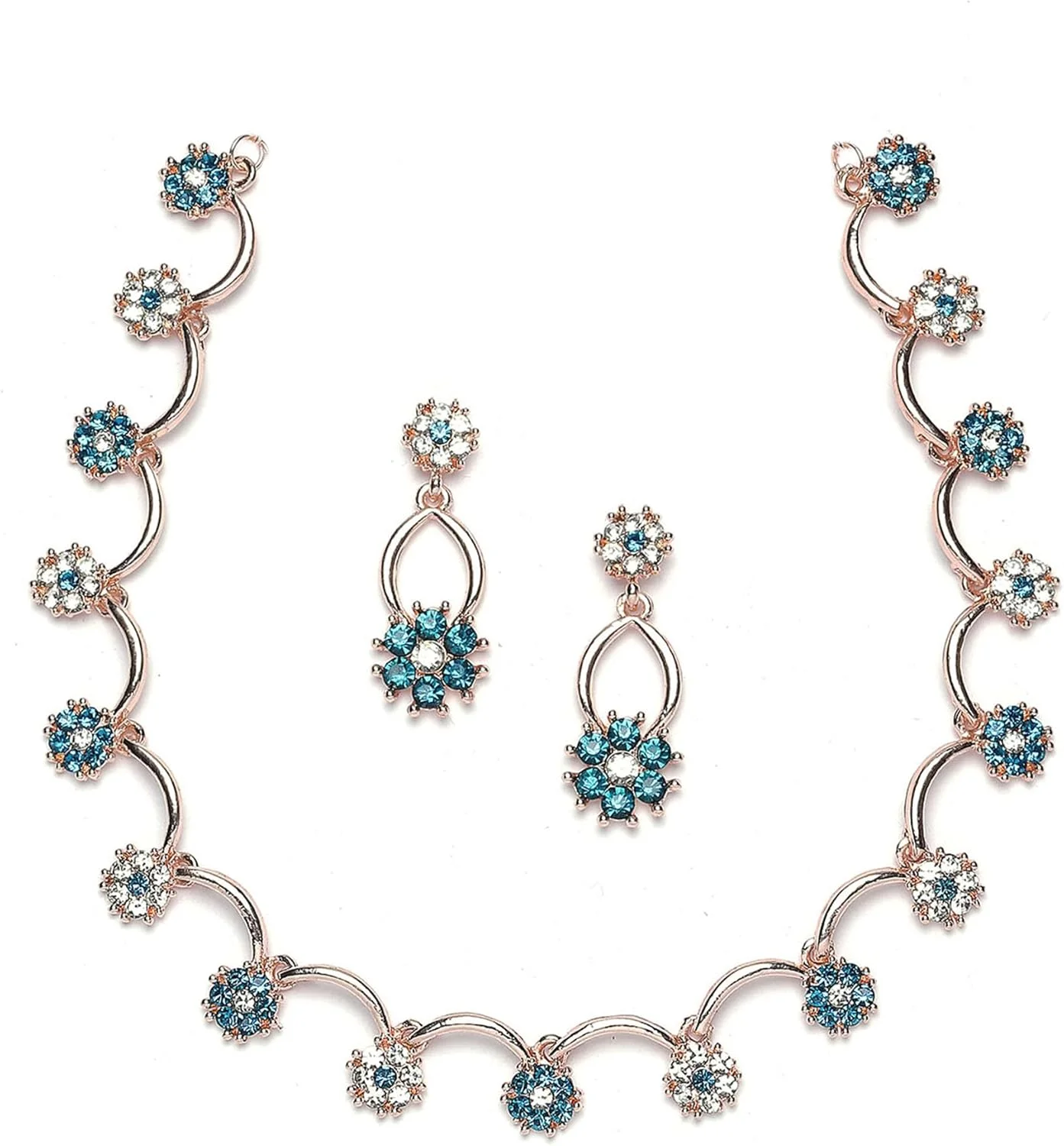 ست زیورآلات زنانه و دخترانه ژوپینگ با روکش طلای رزگلد، نگین های زیرکونیا آبی و سفید، طرح گل، شامل گردنبند و گوشواره