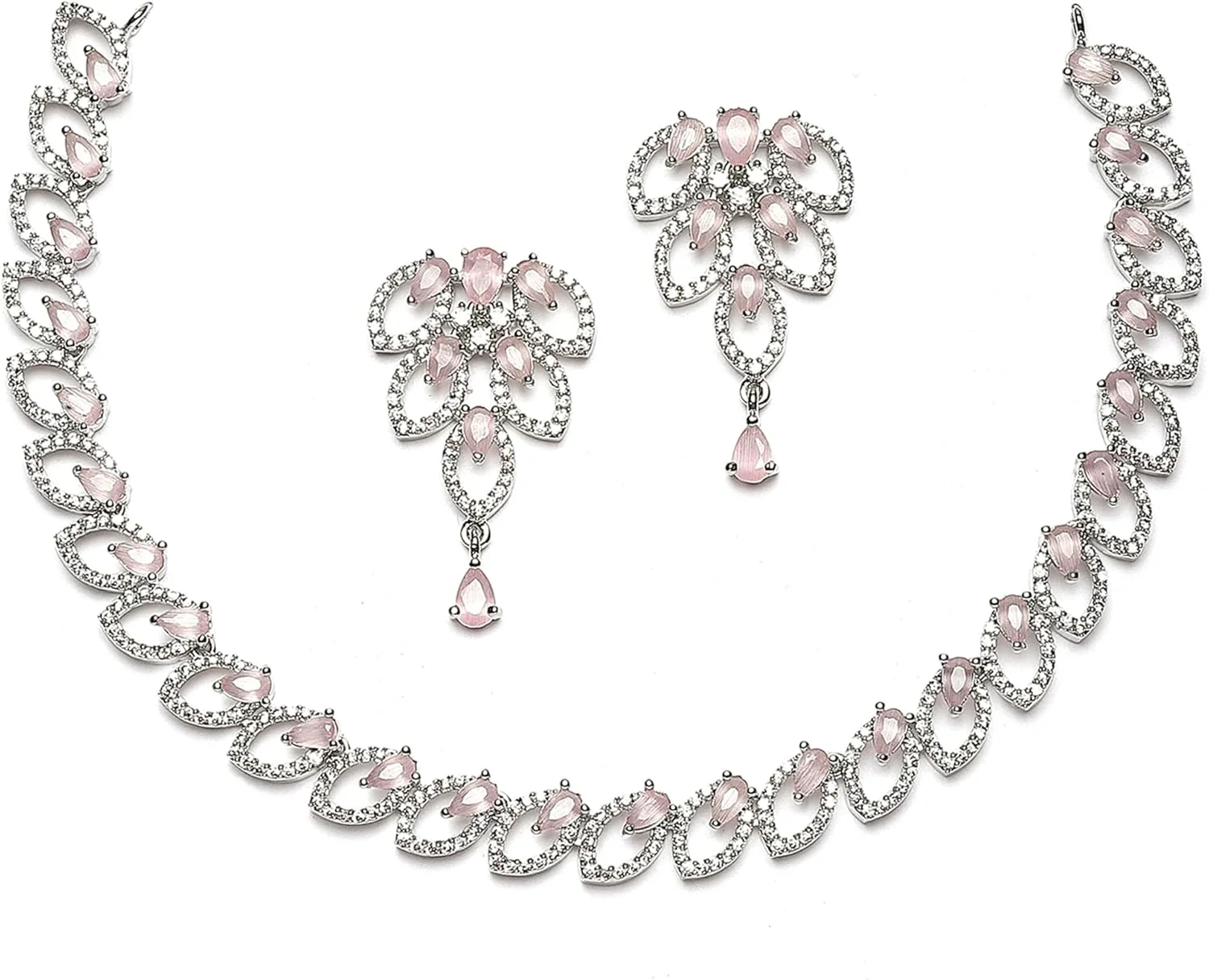 ست گردنبند و گوشواره زنانه طرح برگ نگین دار آبی سرمه ای با روکش رودیوم زنانه برند زنم