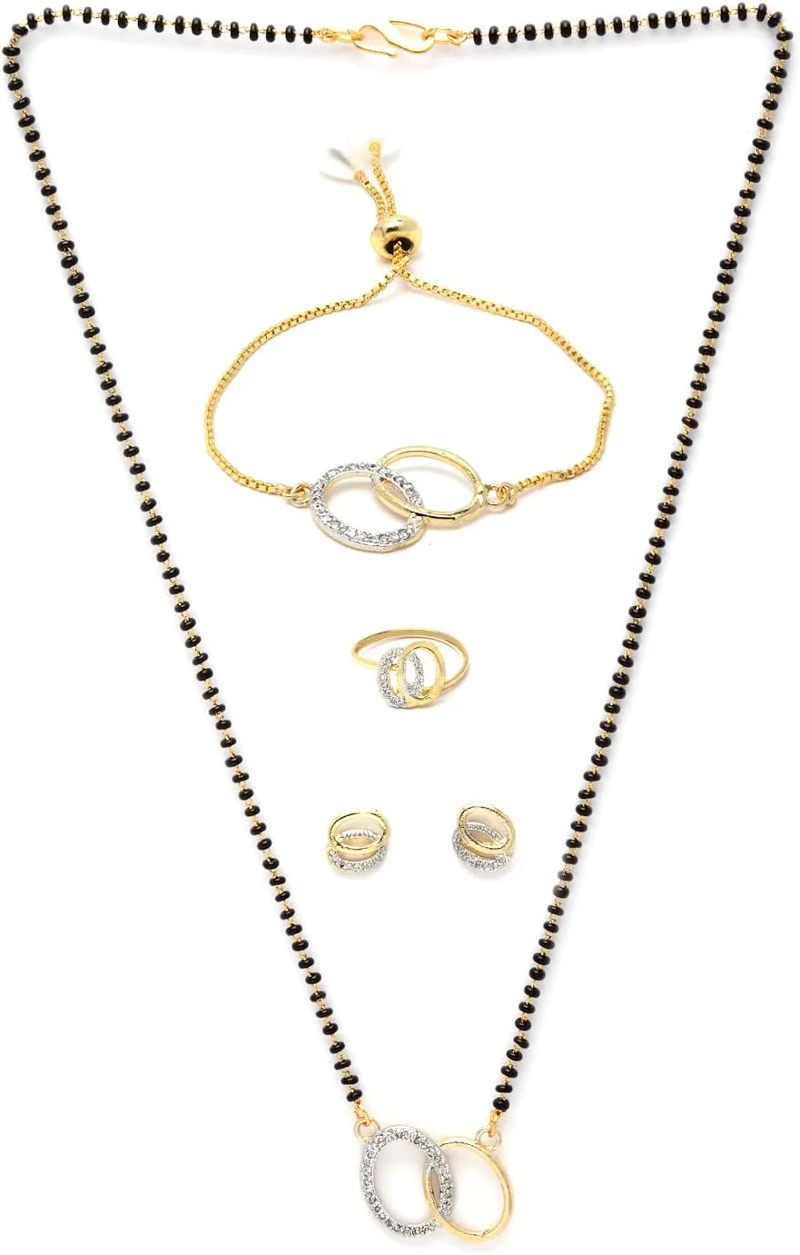 ست جواهرات زنانه و دخترانه زنمه شامل مانگالسوترای طلاکاری شده، گردنبند تانمانیا نالاپوسالو، آویز، زنجیر طلایی مهره مشکی، دستبند، انگشتر و گوشواره