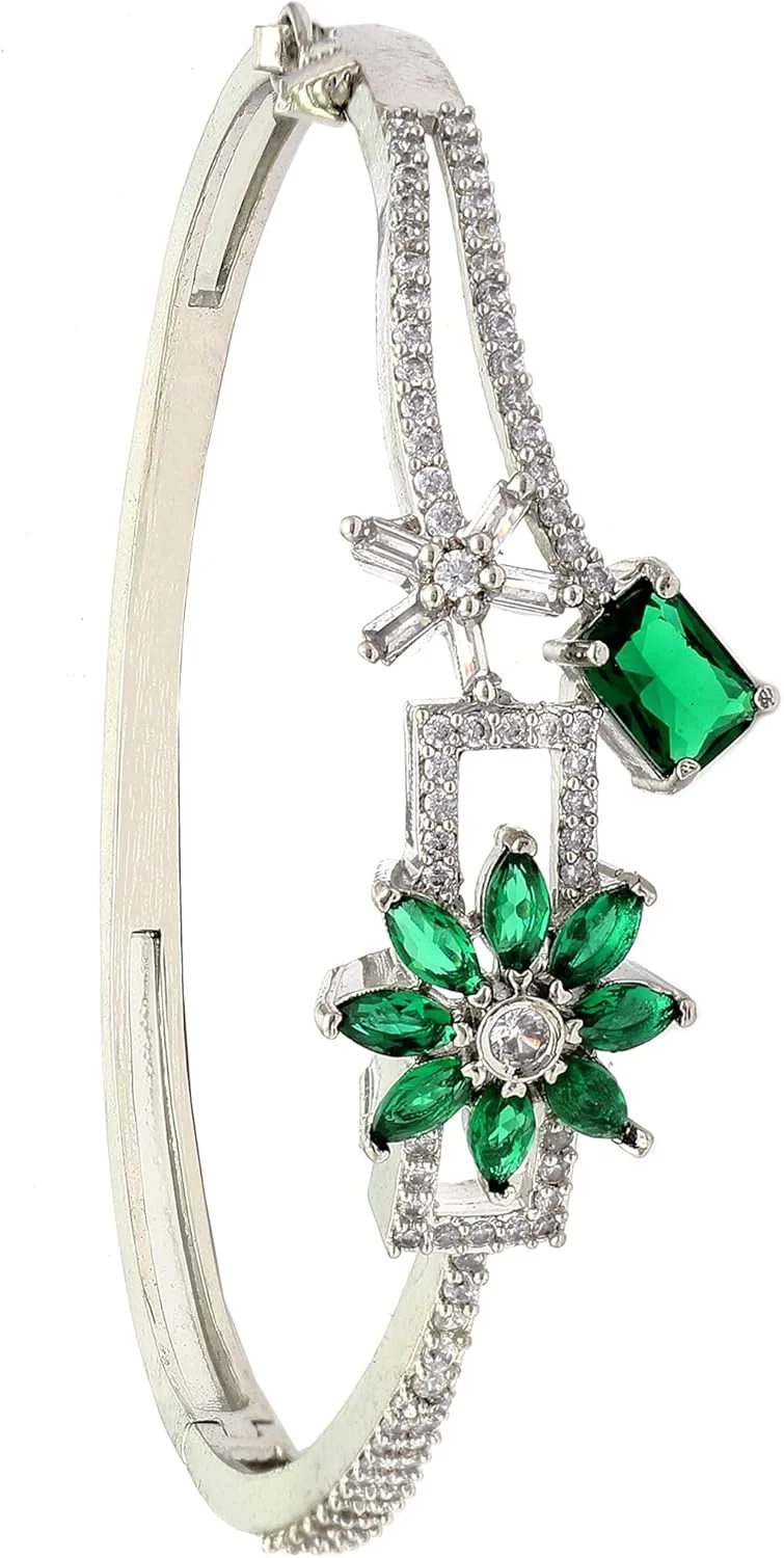 دستبند النگویی زنانه و دخترانه طرح گل و مربع نگین دار با روکش رودیوم برند زنیم