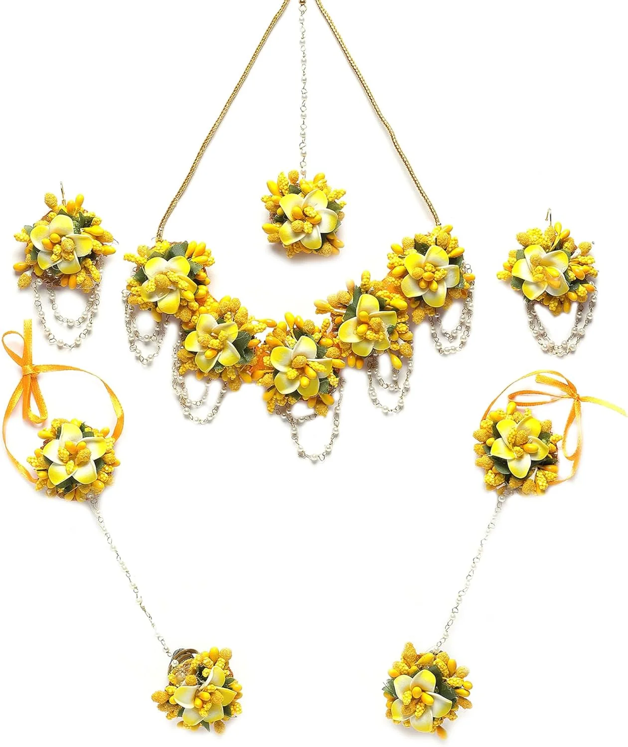 ست جواهرات زنانه ZENEME شامل گردنبند، گوشواره، مانگ تیکا و حلقه انگشتی با مروارید سفید، گل میخک و گلدوزی گोटा پاتی مناسب مراسم حنابندان و مهندی