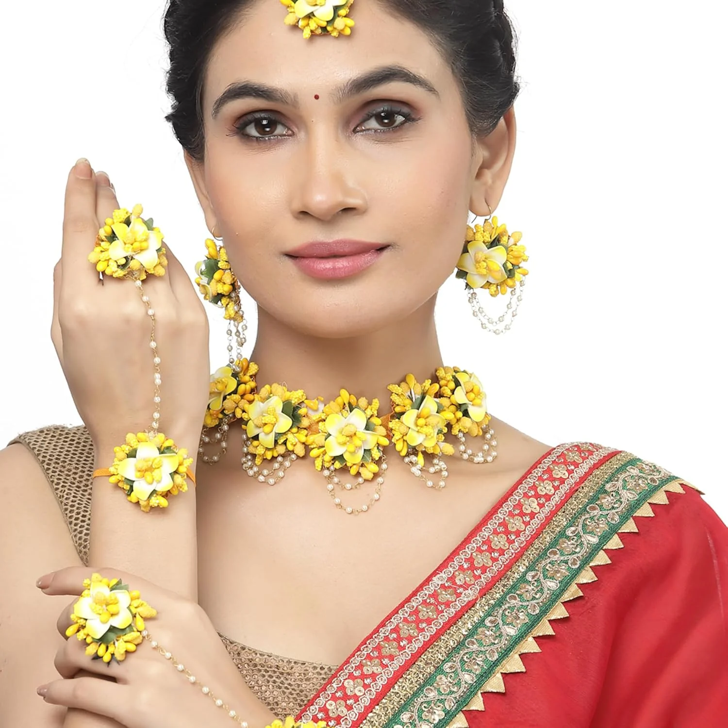 ست جواهرات زنانه ZENEME شامل گردنبند، گوشواره، مانگ تیکا و حلقه انگشتی با مروارید سفید، گل میخک و گلدوزی گोटा پاتی مناسب مراسم حنابندان و مهندی ست جواهرات زنانه ZENEME شامل گردنبند، گوشواره، مانگ تیکا و حلقه انگشتی با مروارید سفید، گل میخک و گلدوزی گोटा پاتی مناسب مراسم حنابندان و مهندی