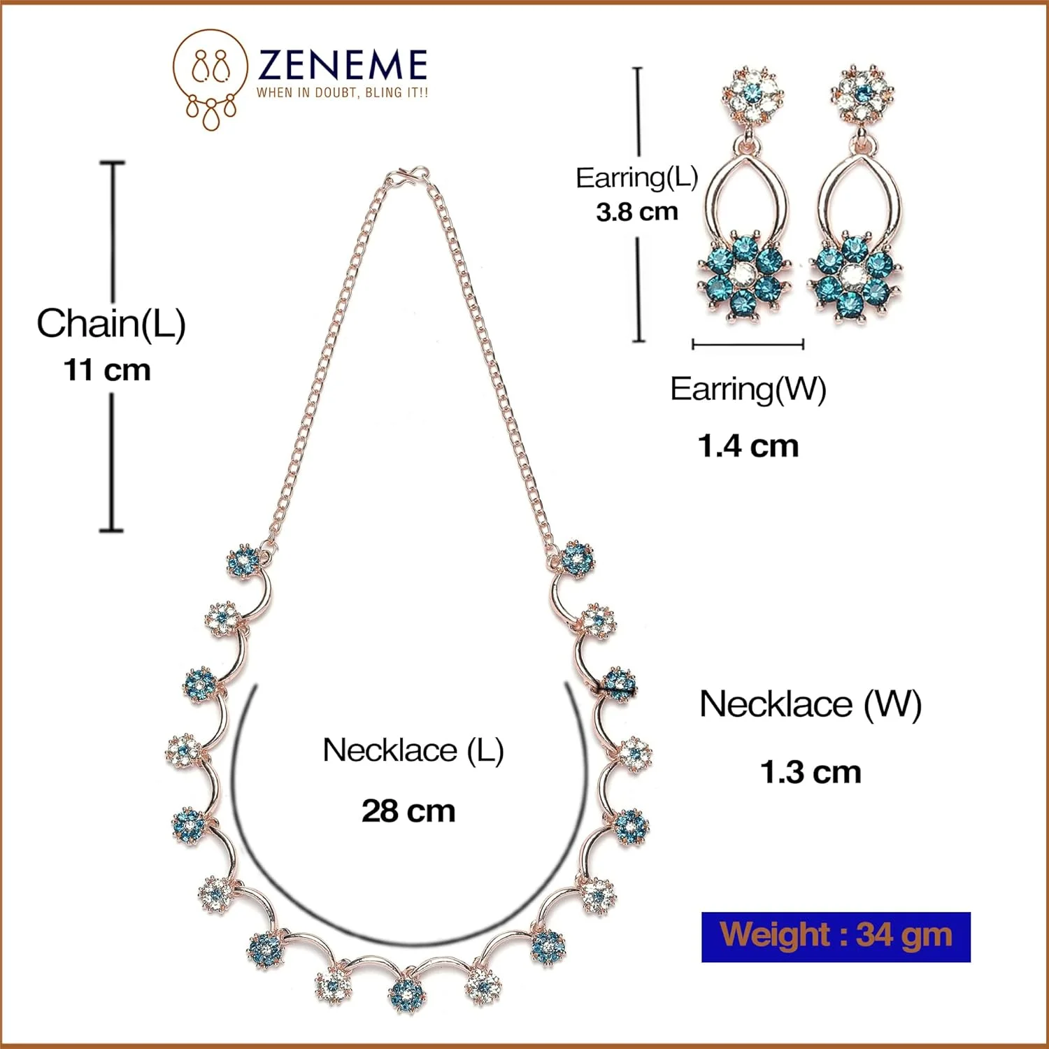 ست زیورآلات زنانه و دخترانه ژوپینگ با روکش طلای رزگلد، نگین های زیرکونیا آبی و سفید، طرح گل، شامل گردنبند و گوشواره ست زیورآلات زنانه و دخترانه ژوپینگ با روکش طلای رزگلد، نگین های زیرکونیا آبی و سفید، طرح گل، شامل گردنبند و گوشواره