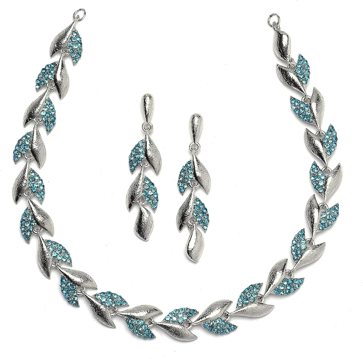 ست زیورآلات زنانه شامل گردنبند و گوشواره طرح برگ نگین‌دار با زیرکونیا آبی آبکاری نقره‌ای اکسیدشده برند زنم، سایز آزاد، فلز، زیرکونیا