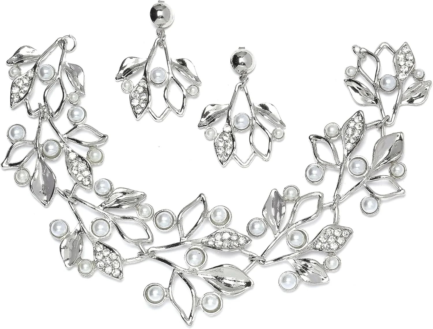 زنمه، ست زیورآلات نقره ای اکسید شده با زیرکونیا مکعبی و مروارید سفید، شامل گردنبند طرح برگ و گوشواره، مناسب دختران و زنان