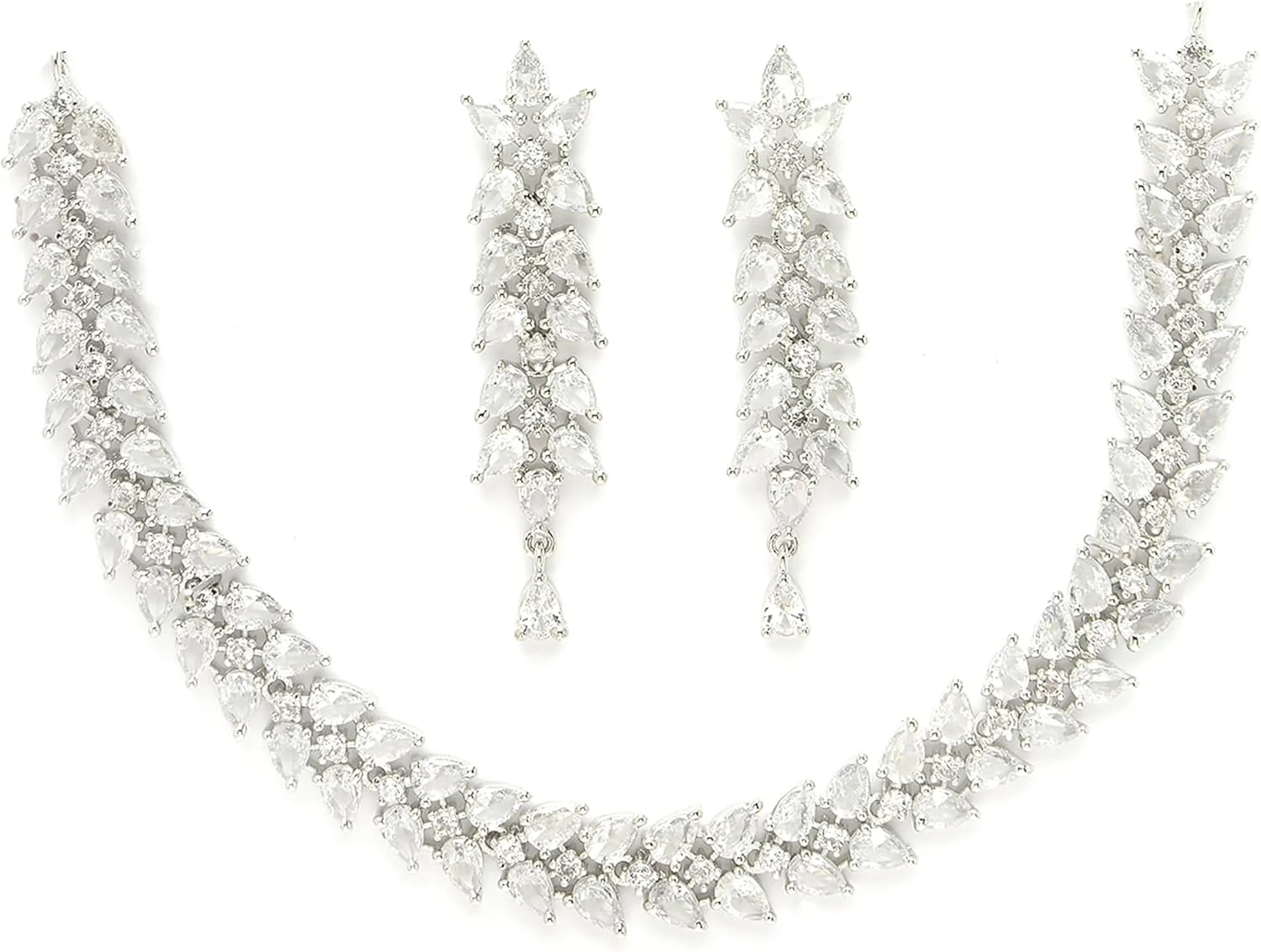 ست گردنبند و گوشواره زنانه نگین دار ZENEME با روکش رودیوم و طرح نقره ای، مناسب برای هدیه