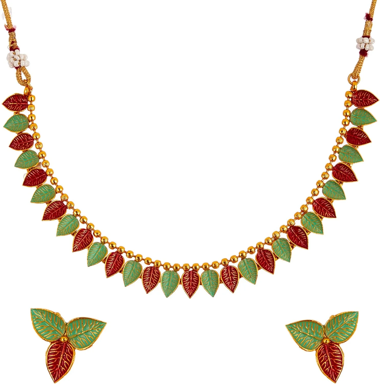 ست جواهرات زنانه Zeneme با روکش طلا، طراحی میناکاری، طرح برگ، شامل گردنبند و گوشواره