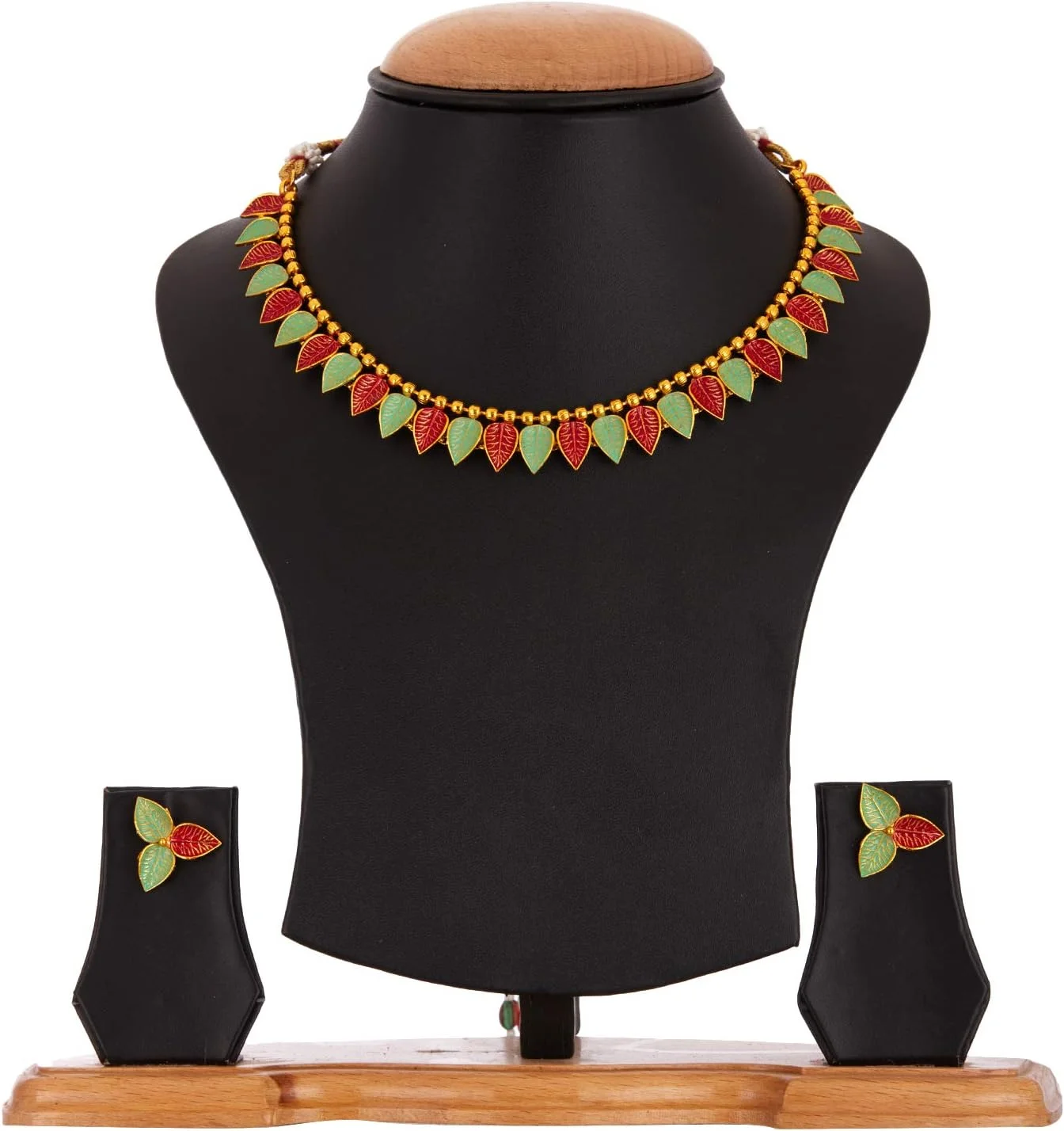 ست جواهرات زنانه Zeneme با روکش طلا، طراحی میناکاری، طرح برگ، شامل گردنبند و گوشواره ست جواهرات زنانه Zeneme با روکش طلا، طراحی میناکاری، طرح برگ، شامل گردنبند و گوشواره