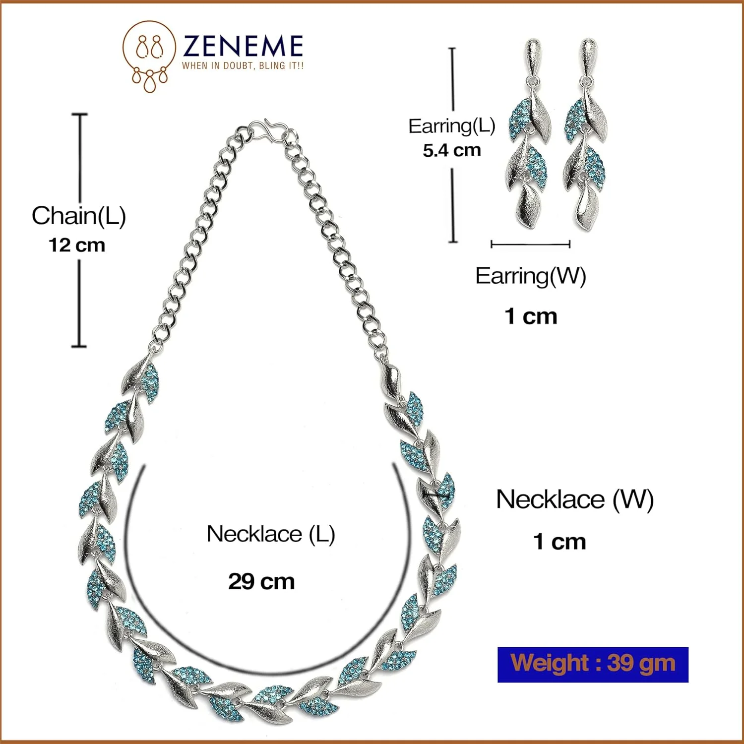 ست زیورآلات زنانه شامل گردنبند و گوشواره طرح برگ نگیندار با زیرکونیا آبی آبکاری نقرهای اکسیدشده برند زنم، سایز آزاد، فلز، زیرکونیا ست زیورآلات زنانه شامل گردنبند و گوشواره طرح برگ نگیندار با زیرکونیا آبی آبکاری نقرهای اکسیدشده برند زنم، سایز آزاد، فلز، زیرکونیا