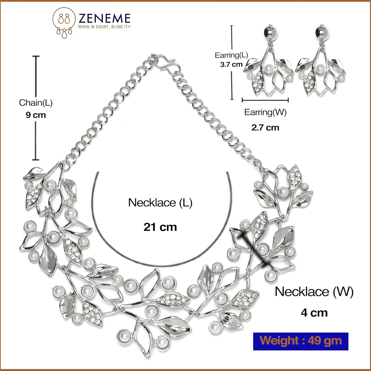 زنمه، ست زیورآلات نقره ای اکسید شده با زیرکونیا مکعبی و مروارید سفید، شامل گردنبند طرح برگ و گوشواره، مناسب دختران و زنان زنمه، ست زیورآلات نقره ای اکسید شده با زیرکونیا مکعبی و مروارید سفید، شامل گردنبند طرح برگ و گوشواره، مناسب دختران و زنان