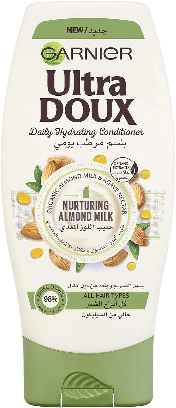 نرم کننده آبرسان مو گارنیه، تغذیه و احیای شدید مو، حاوی شیر بادام، مناسب انواع مو، فرمول وگان، Ultra Doux، ۴۰۰ میلی لیتر