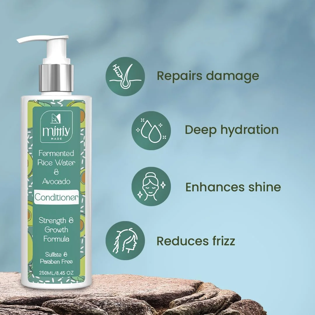 نرم کننده مو آب برنج تخمیر شده Mittiy Made حاوی آووکادو، نرم کننده طبیعی مو برای موهای خشک و وز شده با عصاره آب برنج، نرم کننده مغذی با فرمول تقویت و رشد مو 250 میلی لیتر
