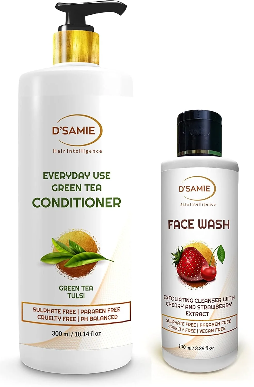 کرم نرم کننده چای سبز و فیس واش لایه بردار D'Samie با عصاره گیلاس و توت فرنگی | بدون سولفات، پارابن، تست حیوانی و وگان (بسته 2 عددی)