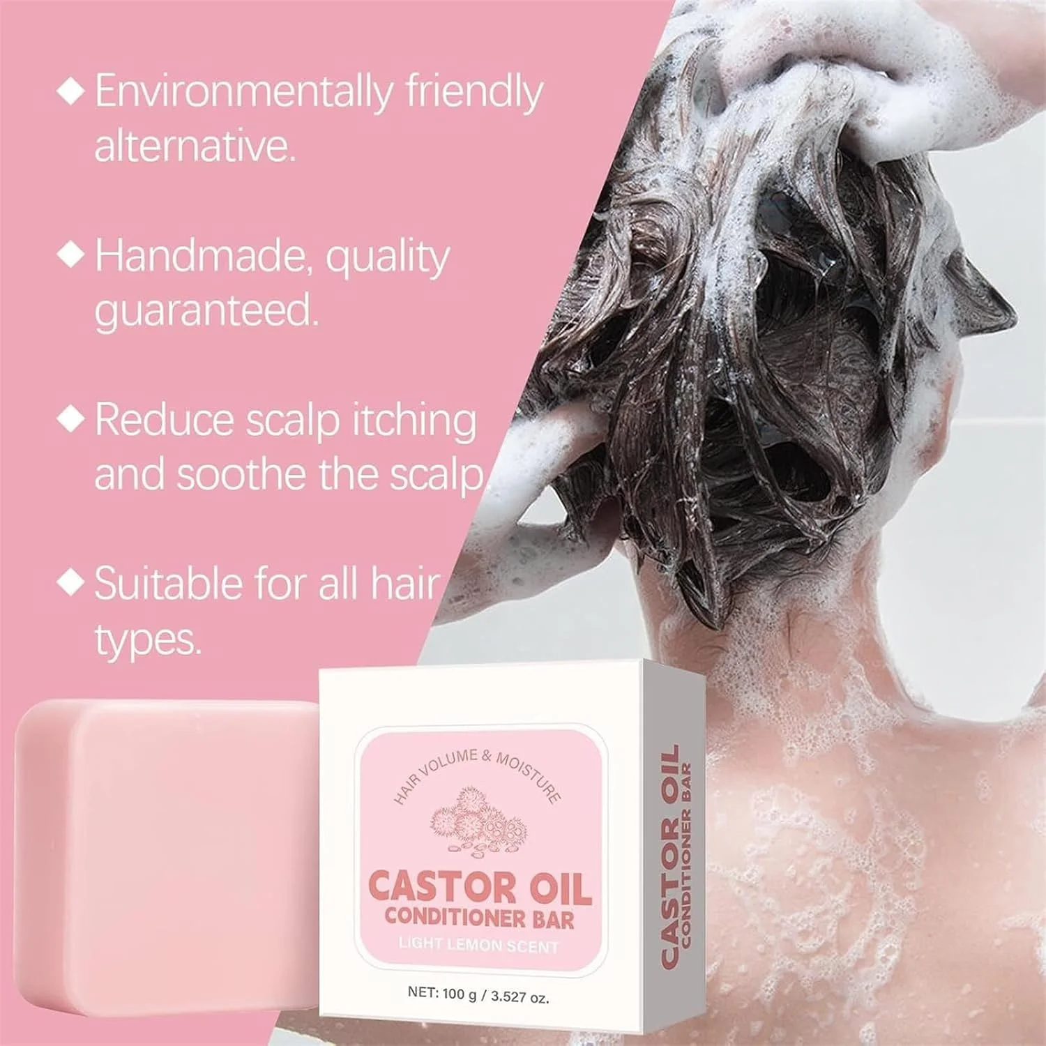 نرم کننده مو روغن کرچک، نرم کننده عمیق طبیعی مغذی و تسکین دهنده، شامپوهای میله ای جامد، مرطوب کننده، نرم کننده موهای خشک آسیب دیده، تمیز کننده و کاهش دهنده وز، برای انواع مو (1 عدد)