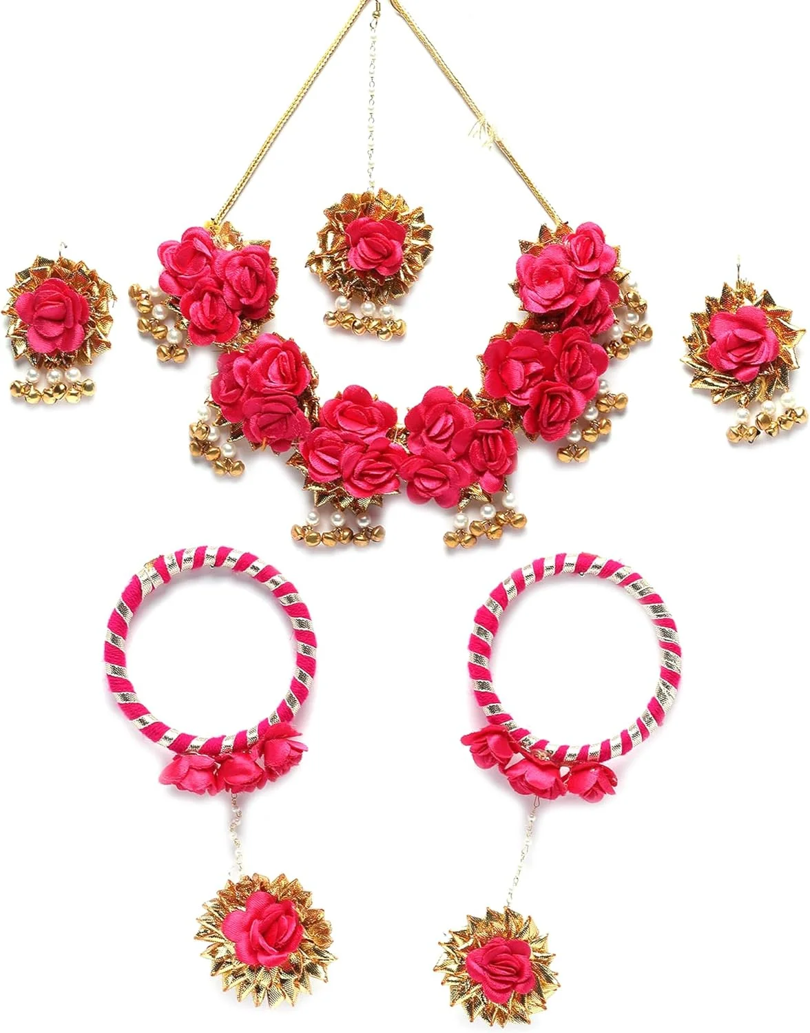 ZENEME ست جواهرات سفید و طلایی مرواریدی منگوله دار گोटा پاتی گلدار مهره دار Haldi & Mehendi شامل گردنبند، گوشواره، مانگ تیکا و دستبند برای دختران و زنان