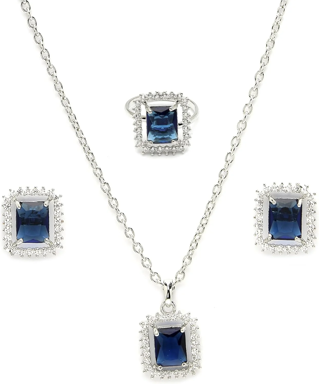 ست حلقه، آویز و گوشواره زنانه نگین دار طرح الماس آمریکایی برند زنم مدل Princess Cut Halo با روکش نقره