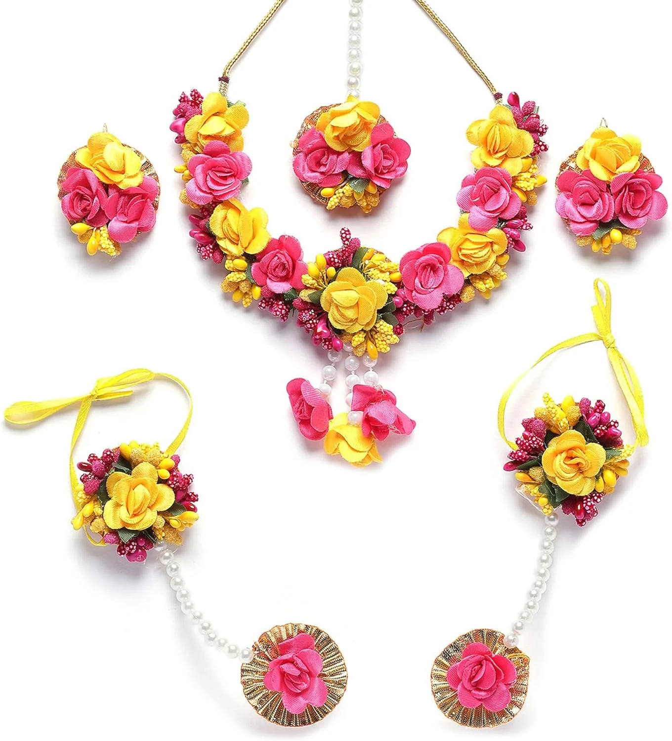 ست جواهرات زنانه ZENEME شامل گردنبند، گوشواره، مانگ تیکا و دستبند با مروارید سفید، گلدوزی گوتا پاتی و گل‌دوزی مناسب مراسم حنابندان و مهندی