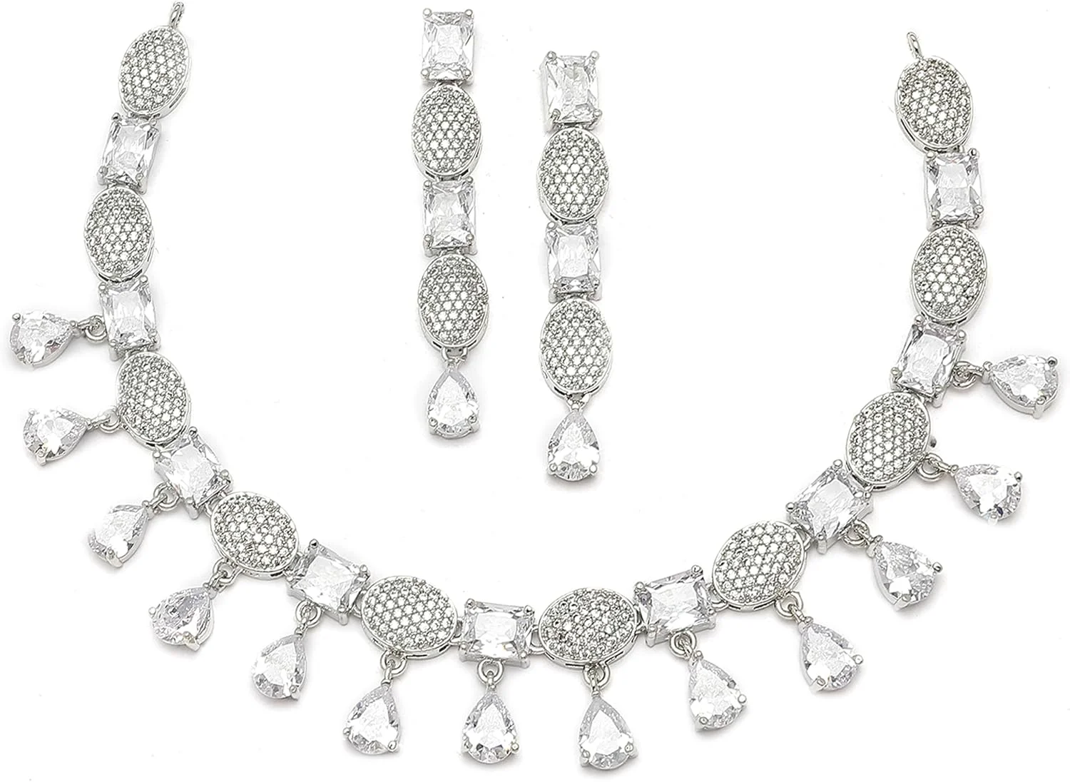 ست جواهرات زنانه شامل گردنبند و گوشواره نگین دار طرح الماس آمریکایی با روکش رودیوم از برند زنمه