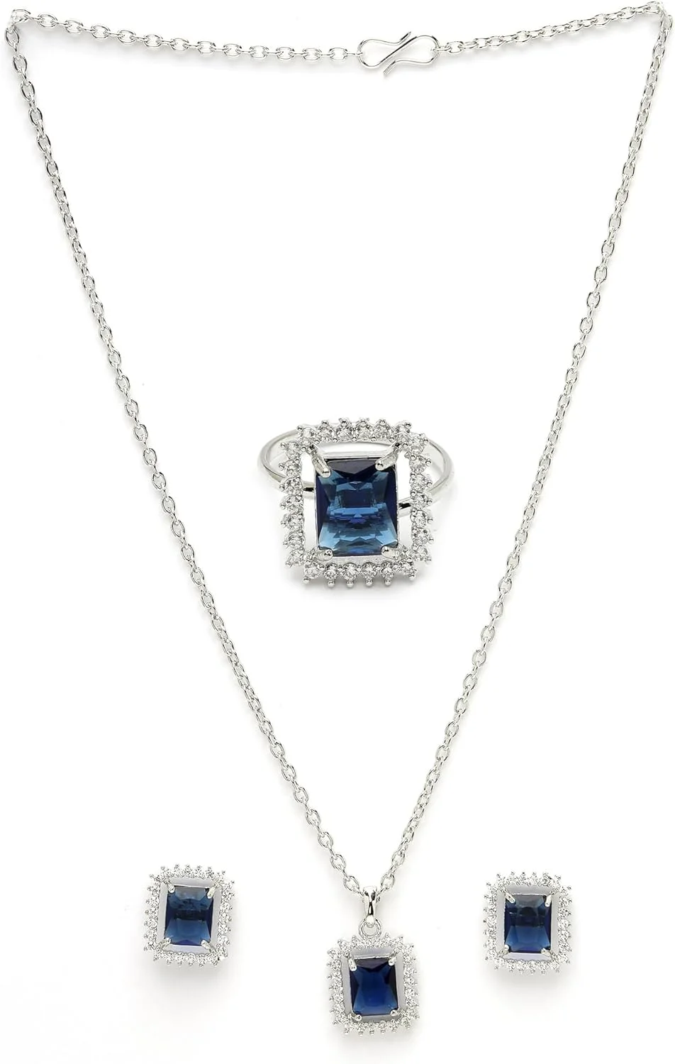 ست حلقه، آویز و گوشواره زنانه نگین دار طرح الماس آمریکایی برند زنم مدل Princess Cut Halo با روکش نقره ست حلقه، آویز و گوشواره زنانه نگین دار طرح الماس آمریکایی برند زنم مدل Princess Cut Halo با روکش نقره