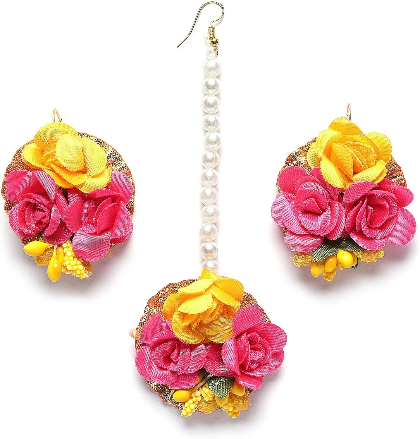 ست جواهرات زنانه ZENEME شامل گردنبند، گوشواره، مانگ تیکا و دستبند با مروارید سفید، گلدوزی گوتا پاتی و گلدوزی مناسب مراسم حنابندان و مهندی ست جواهرات زنانه ZENEME شامل گردنبند، گوشواره، مانگ تیکا و دستبند با مروارید سفید، گلدوزی گوتا پاتی و گلدوزی مناسب مراسم حنابندان و مهندی