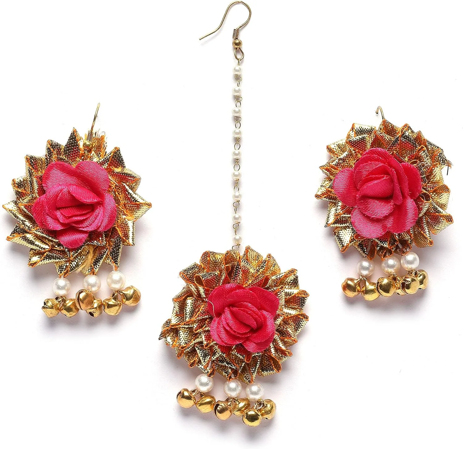 ZENEME ست جواهرات سفید و طلایی مرواریدی منگوله دار گोटा پاتی گلدار مهره دار Haldi & Mehendi شامل گردنبند، گوشواره، مانگ تیکا و دستبند برای دختران و زنان ZENEME ست جواهرات سفید و طلایی مرواریدی منگوله دار گोटा پاتی گلدار مهره دار Haldi & Mehendi شامل گردنبند، گوشواره، مانگ تیکا و دستبند برای دختران و زنان