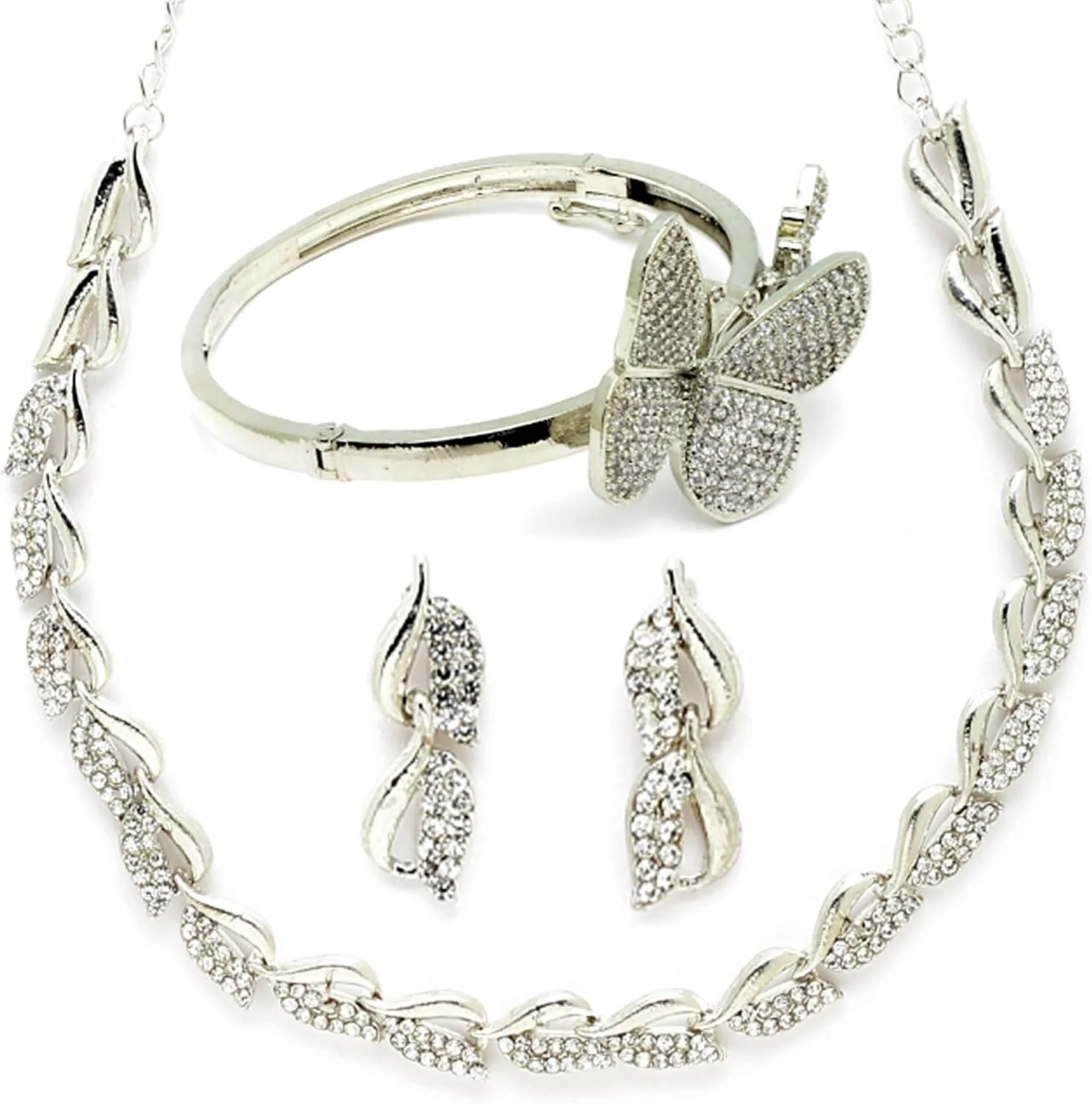 گردنبند برگ شکل نگین دار الماس آمریکایی زنانه به همراه گوشواره و دستبند پروانه ای شکل