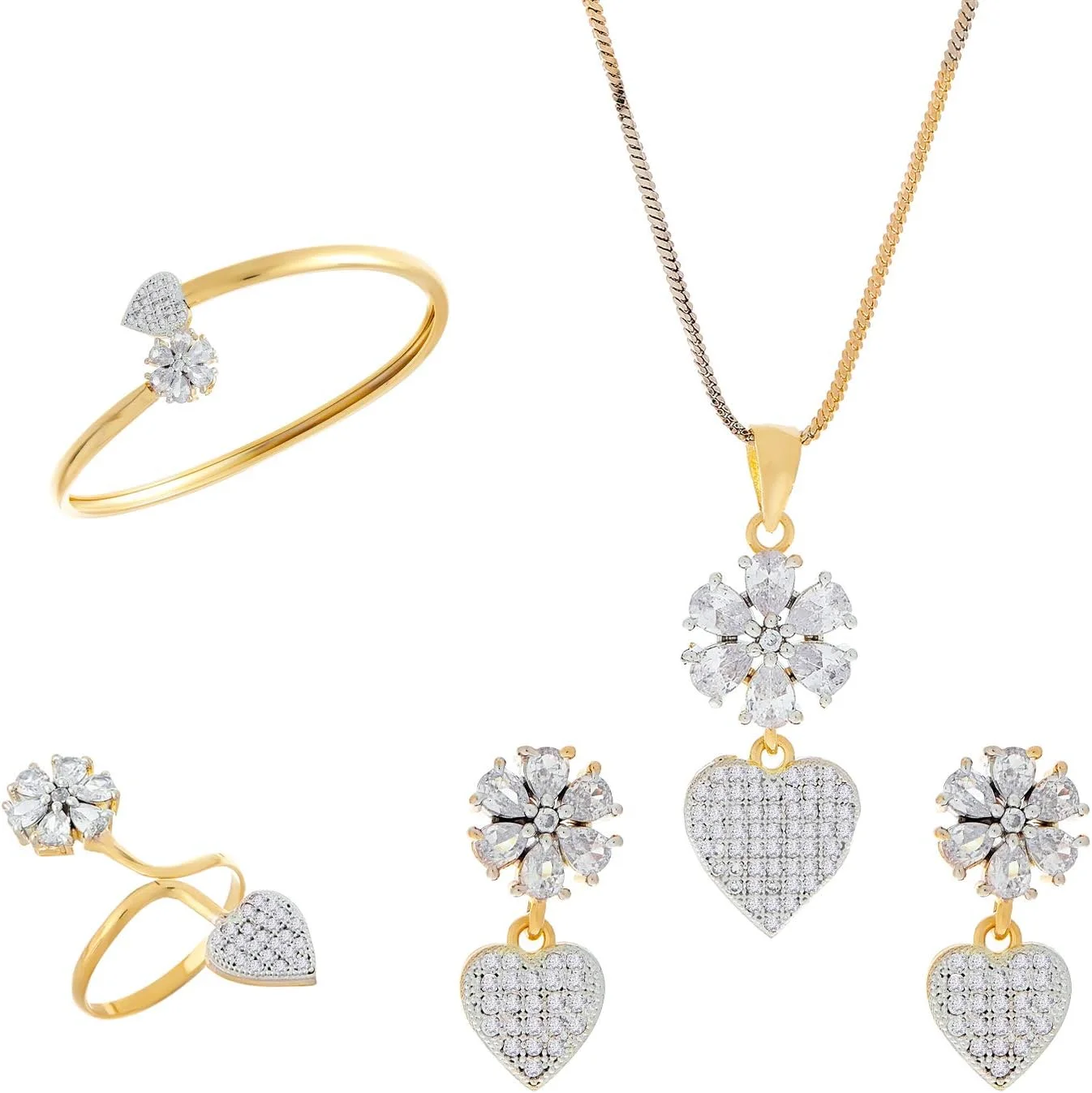 ست زنانه شامل گردنبند با آویز قلب شکل با روکش طلای سفید و نگین الماس آمریکایی به همراه گوشواره، دستبند و انگشتر زنانه Zeneme