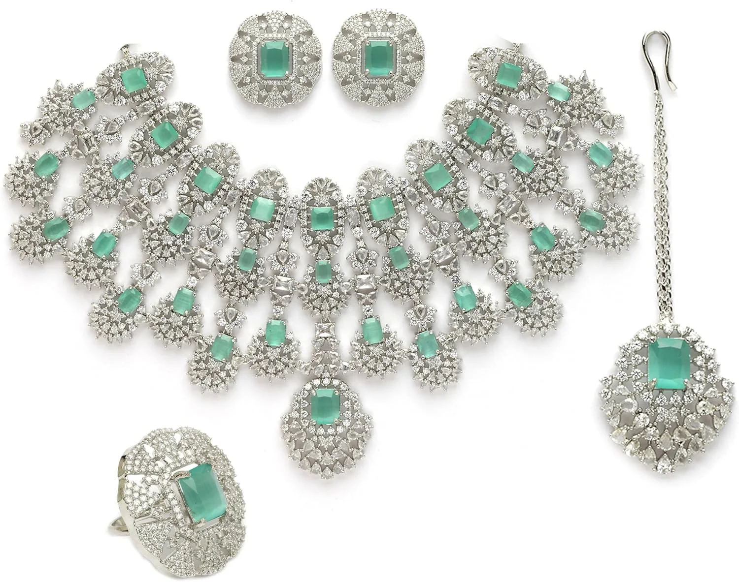 ست جواهرات زنانه و دخترانه زنمیم با روکش رودیوم، شامل گردنبند منگوله دار نگین دار، گوشواره، انگشتر و مانگ تیکا (سبز دریایی)