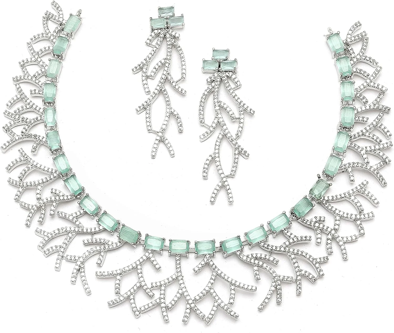 گردنبند طرح نامتقارن نگین دار روکش رودیوم زنانه و دخترانه ZENEME با گوشواره (سبز دریایی)