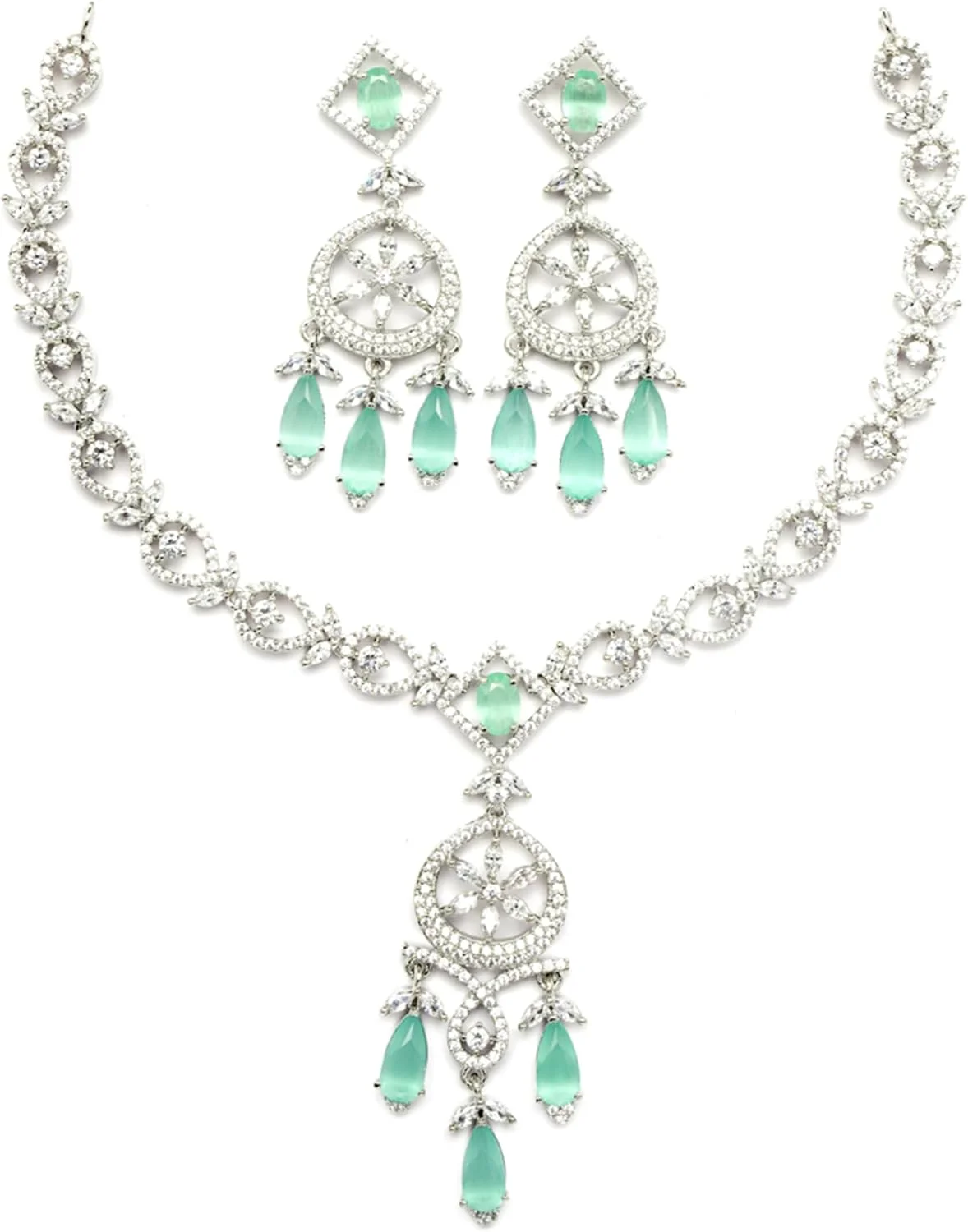 ست گردنبند و گوشواره زنانه نگین‌دار با روکش رودیوم و طرح اشک با الماس‌های آمریکایی باگت زنانه زنم