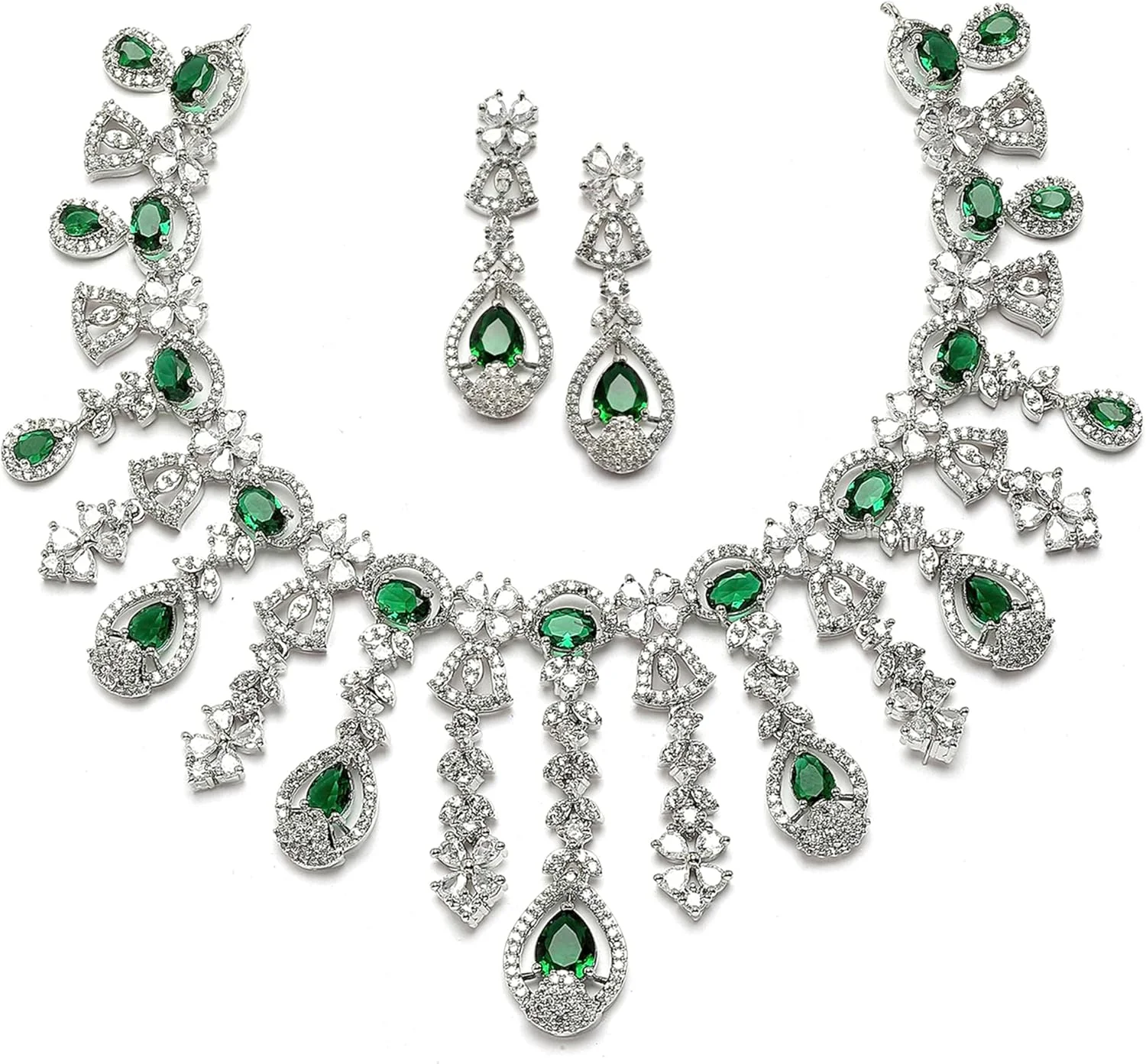 ست گردنبند و گوشواره زنانه نگین دار طرح اشکی ZENEME با روکش رودیوم و نگین های اتمی