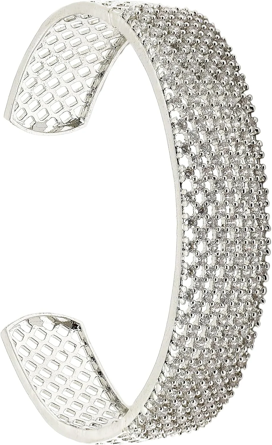 دستبند النگویی مشبک دست ساز نگین دار زنانه و دخترانه با روکش رودیوم و الماس آمریکایی سفید برند زنم