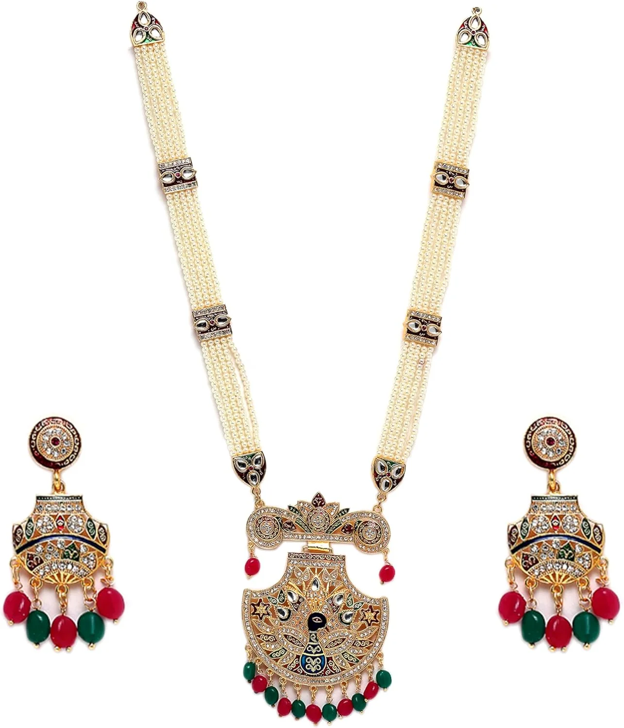 ست جواهرات زنانه Zeneme، گردنبند بلند با روکش طلایی، طراحی حیدرآبادی، گردنبند مرواریدی طرح طاووس به همراه گوشواره