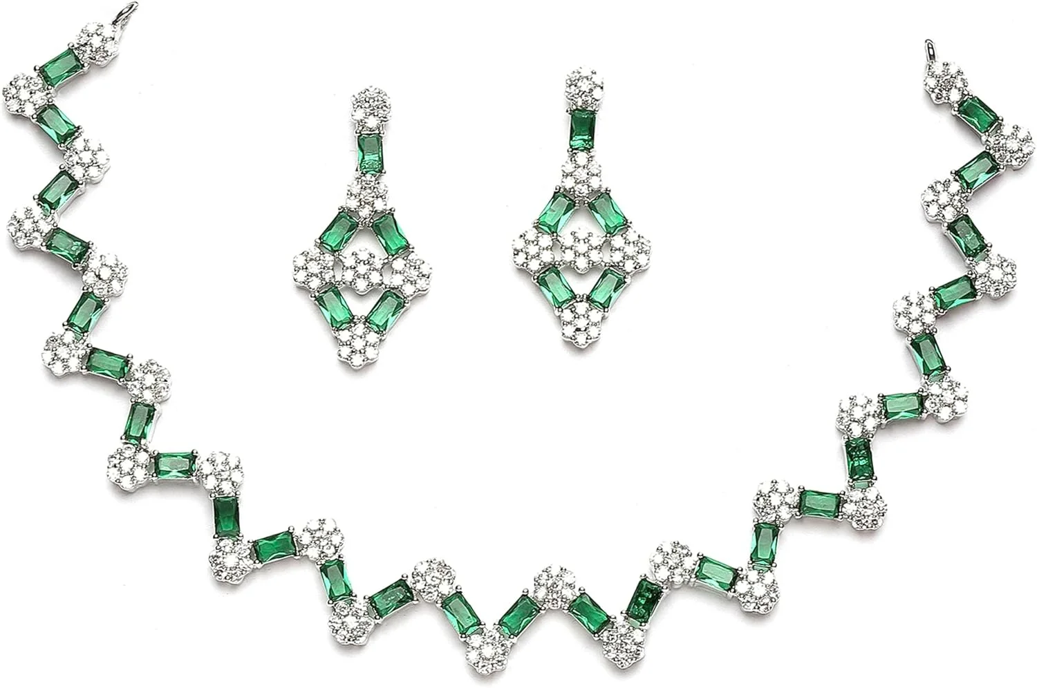 ست گردنبند و گوشواره زنانه نگین دار طرح الماس آمریکایی آبکاری رودیوم ZENEME (سبز)