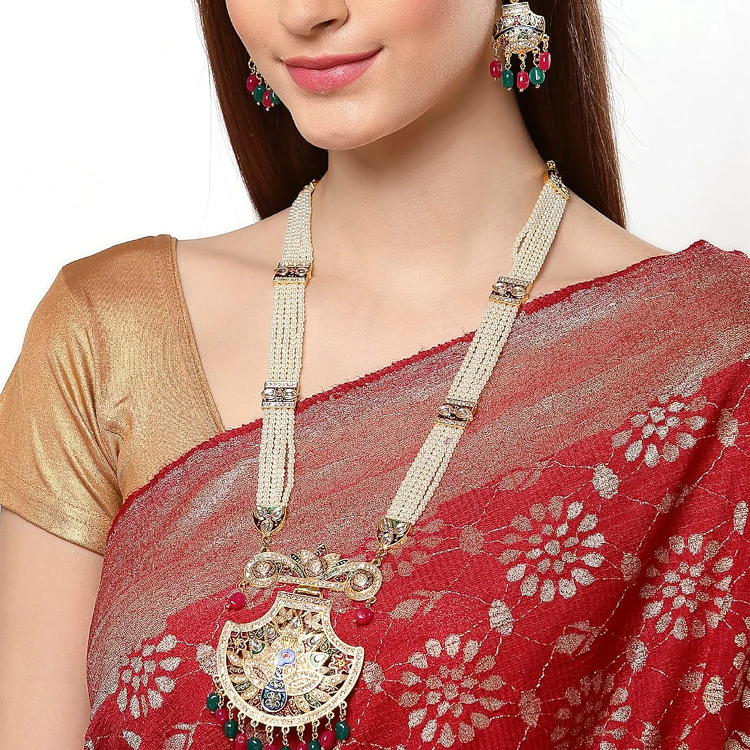 ست جواهرات زنانه Zeneme، گردنبند بلند با روکش طلایی، طراحی حیدرآبادی، گردنبند مرواریدی طرح طاووس به همراه گوشواره ست جواهرات زنانه Zeneme، گردنبند بلند با روکش طلایی، طراحی حیدرآبادی، گردنبند مرواریدی طرح طاووس به همراه گوشواره