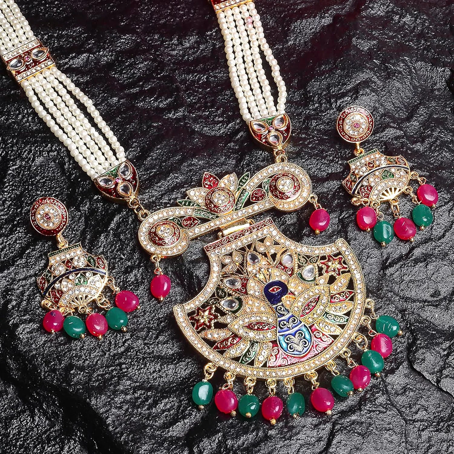 ست جواهرات زنانه Zeneme، گردنبند بلند با روکش طلایی، طراحی حیدرآبادی، گردنبند مرواریدی طرح طاووس به همراه گوشواره ست جواهرات زنانه Zeneme، گردنبند بلند با روکش طلایی، طراحی حیدرآبادی، گردنبند مرواریدی طرح طاووس به همراه گوشواره