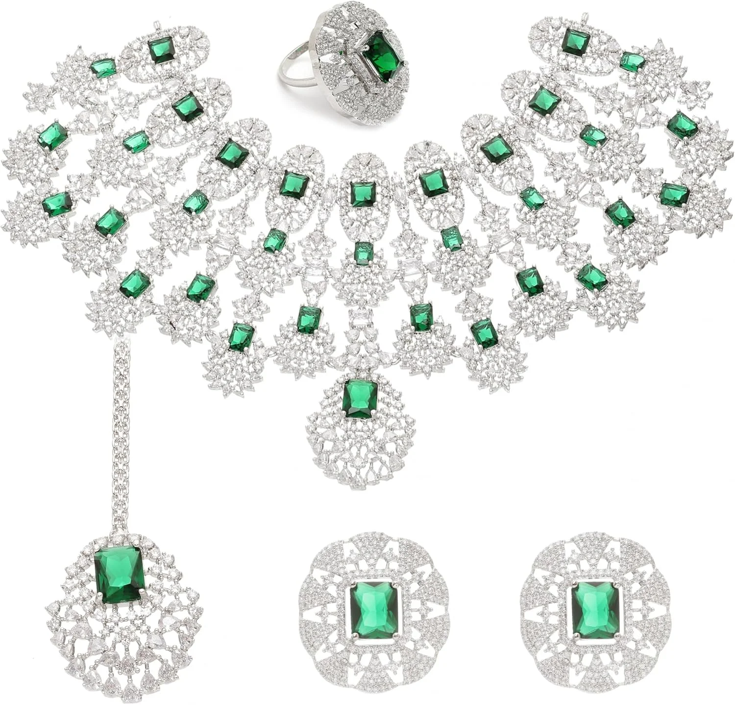 ست جواهرات زنانه شامل گردنبند آویزدار نگین‌دار با روکش رودیوم، گوشواره، انگشتر و مانگ تیکا برند زنمه