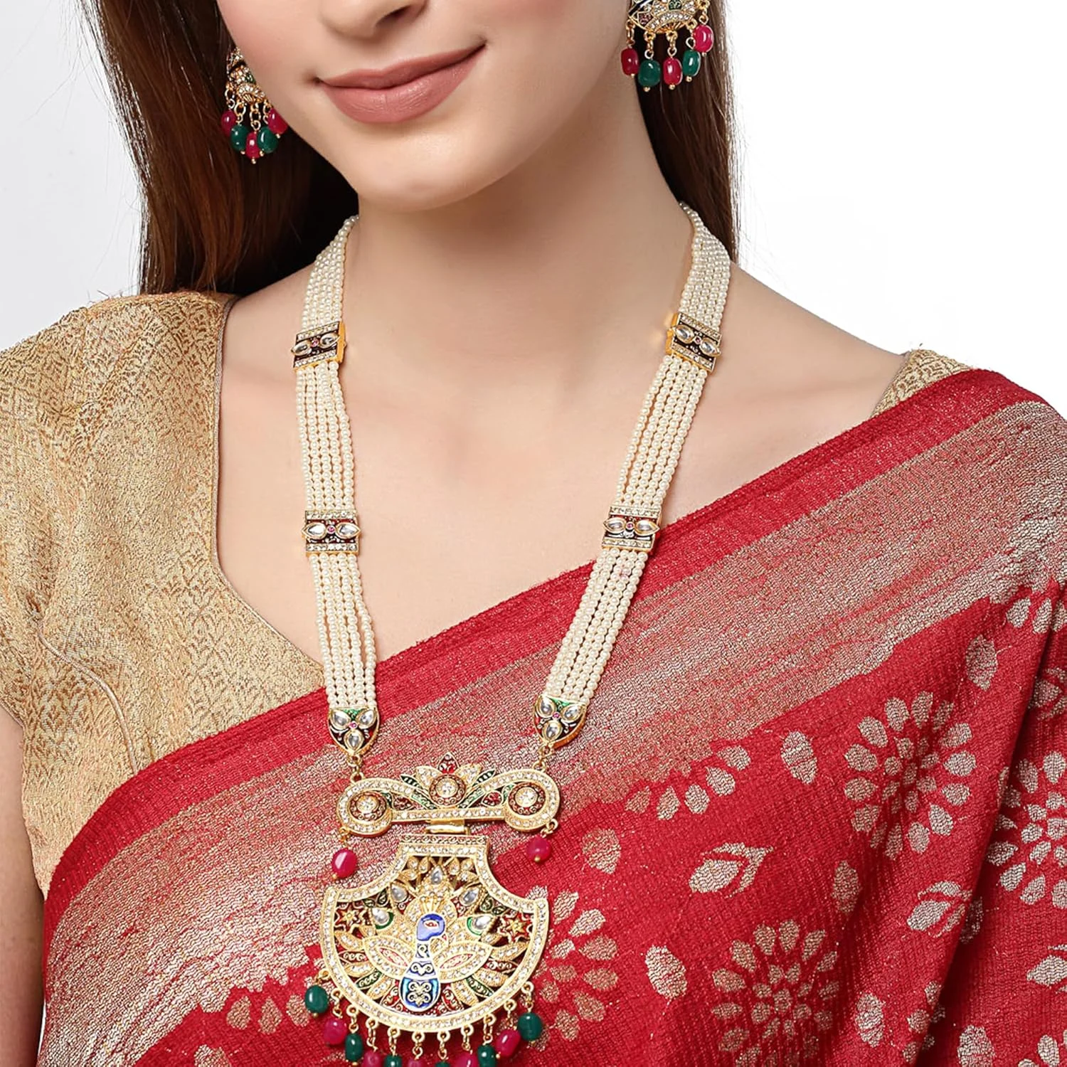 ست جواهرات زنانه Zeneme، گردنبند بلند با روکش طلایی، طراحی حیدرآبادی، گردنبند مرواریدی طرح طاووس به همراه گوشواره ست جواهرات زنانه Zeneme، گردنبند بلند با روکش طلایی، طراحی حیدرآبادی، گردنبند مرواریدی طرح طاووس به همراه گوشواره