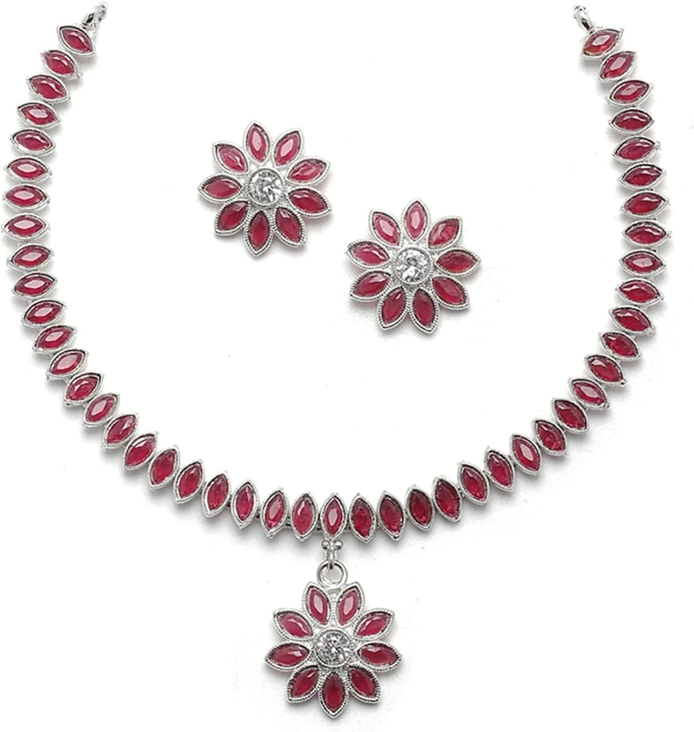 ست زیورآلات زنانه و دخترانه شامل گردنبند، گوشواره با طرح گل و برگ، نگین اتمی و روکش نقره ای اکسید شده برند زنمه