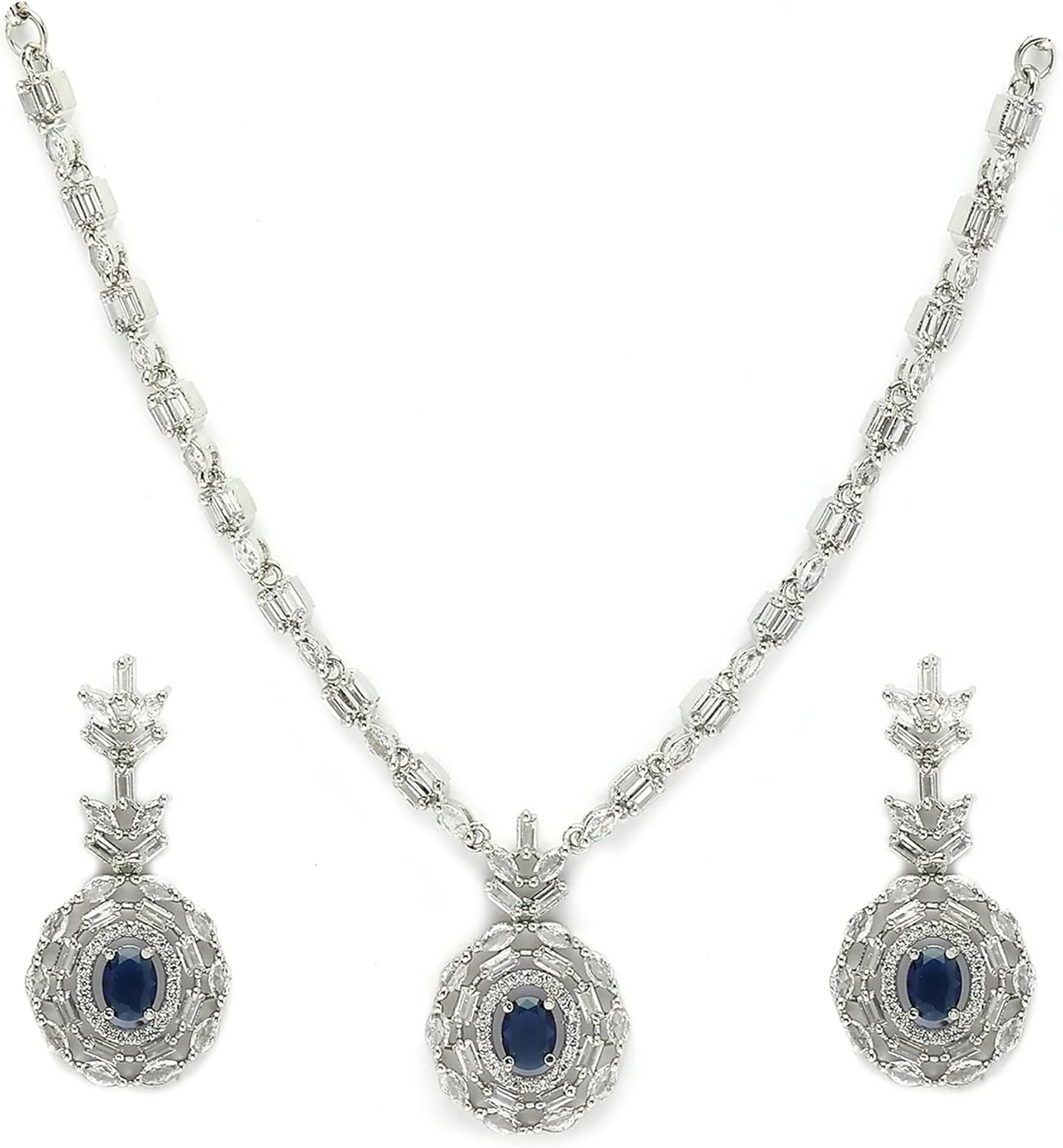 ست گردنبند و گوشواره زنانه زنانه مدل ZENEME با روکش رودیوم، نقره ای، نگین دار، طرح مربع و دایره ای، مناسب دختران و زنان