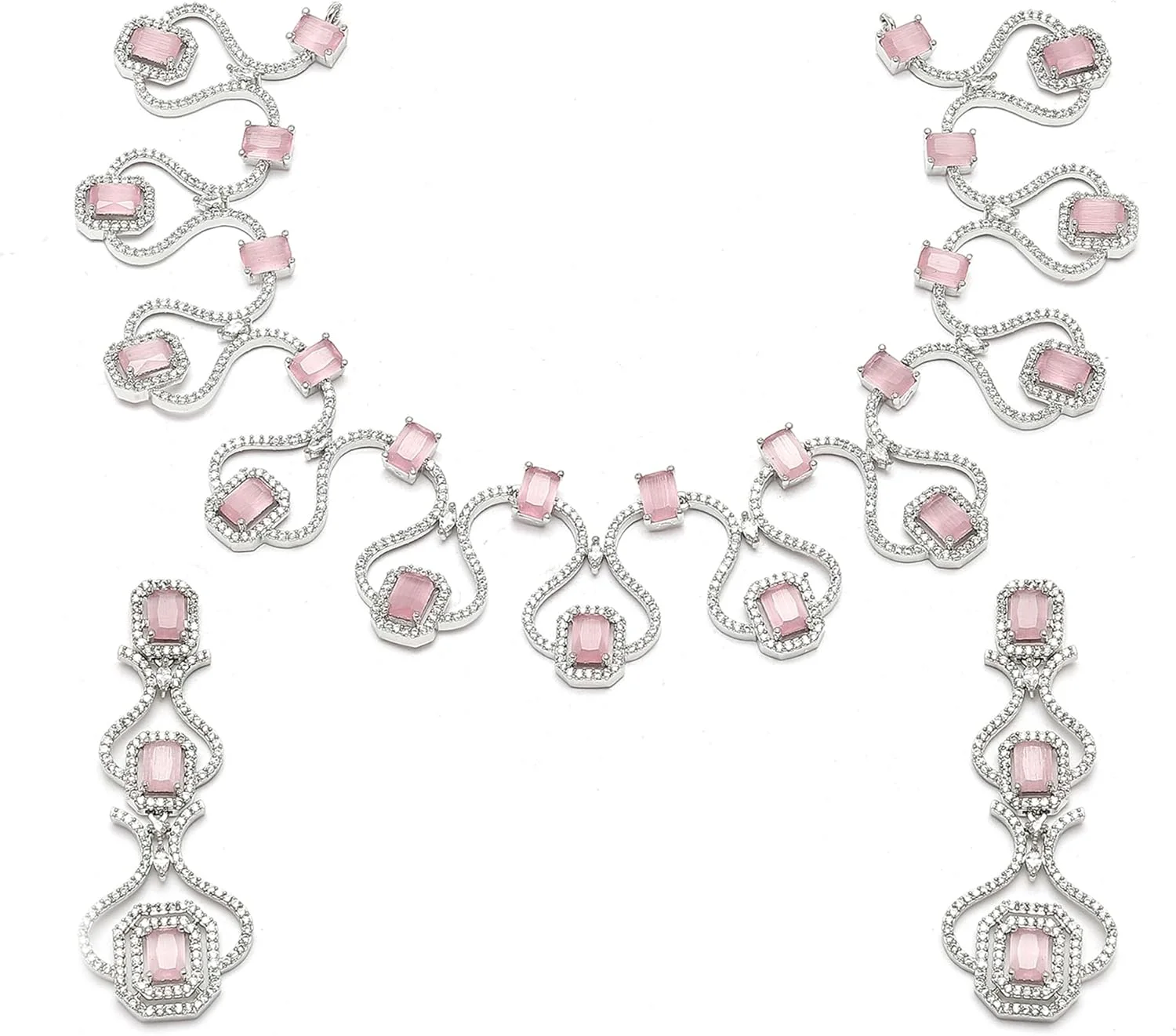 ست گردنبند و گوشواره زنانه طرح خاص نگین دار با روکش رودیوم ZENEME (صورتی)