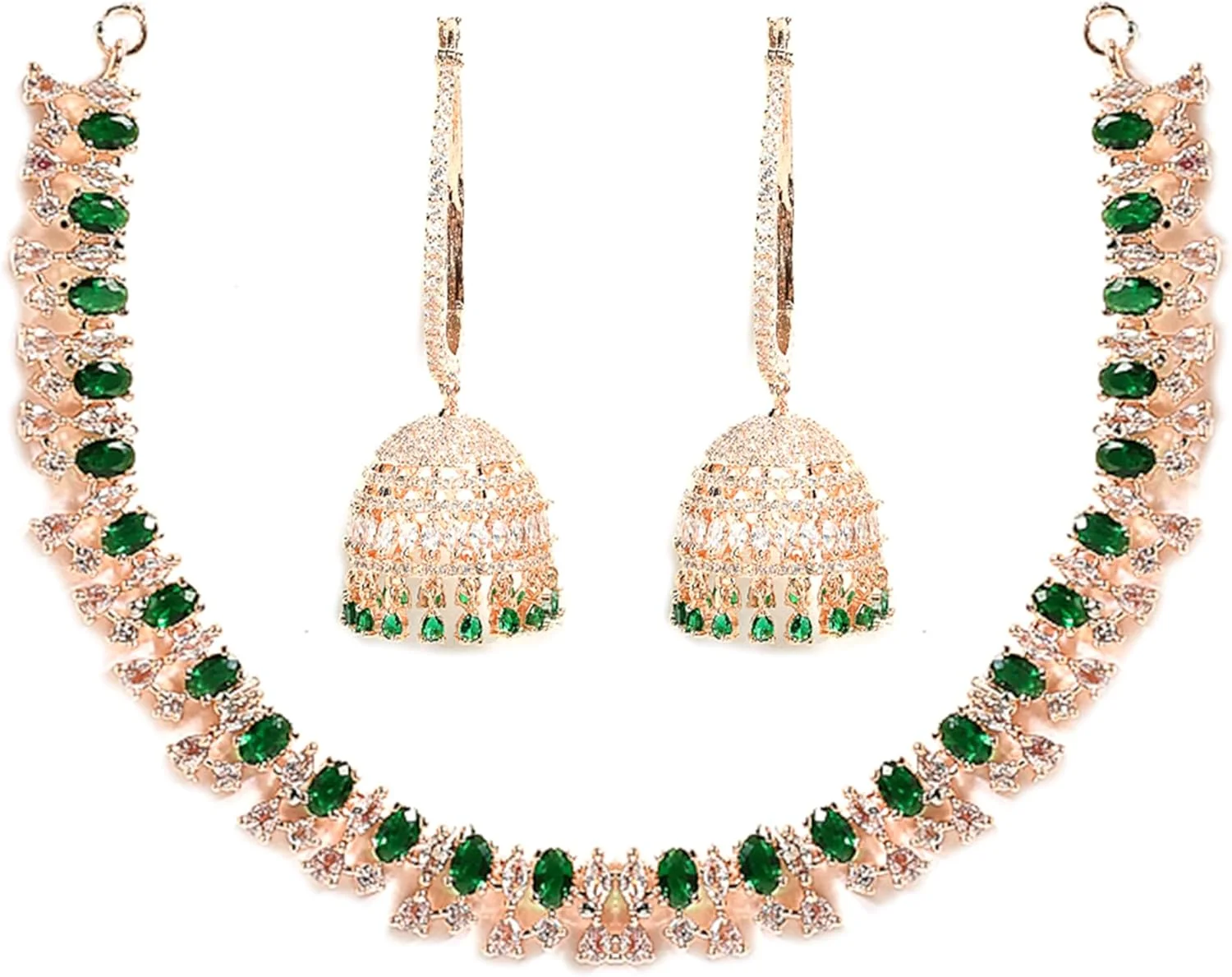 ست گردنبند و گوشواره زنانه نگین دار طرح الماس آمریکایی با روکش رودیوم نقره ای رنگ زنانه و دخترانه ZENEME (رزگلد صورتی)