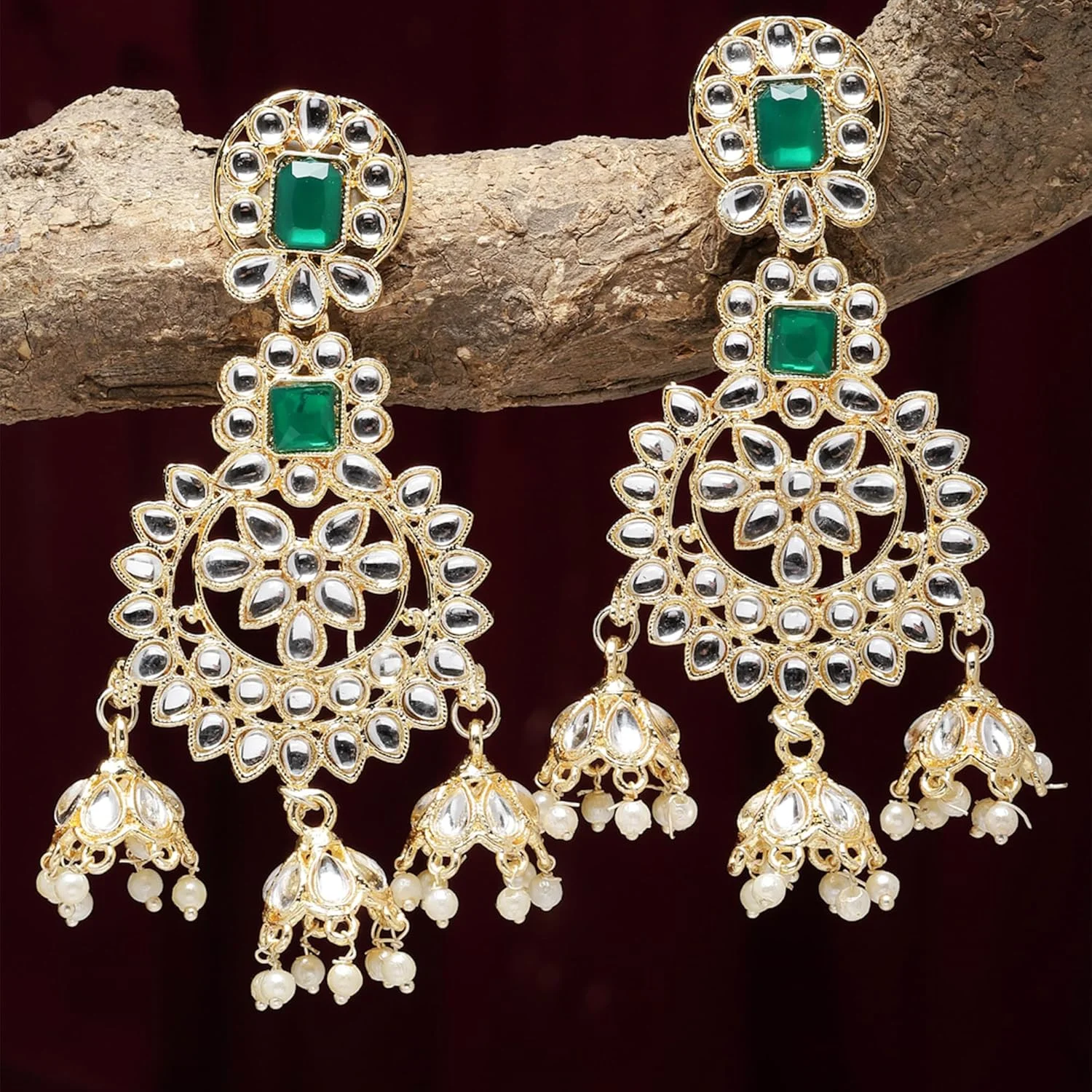 گوشواره های زنانه زنانه ZENEME با روکش طلا و نگین های کندان، مدل Jhumka/Jhumki معاصر گوشواره های زنانه زنانه ZENEME با روکش طلا و نگین های کندان، مدل Jhumka/Jhumki معاصر