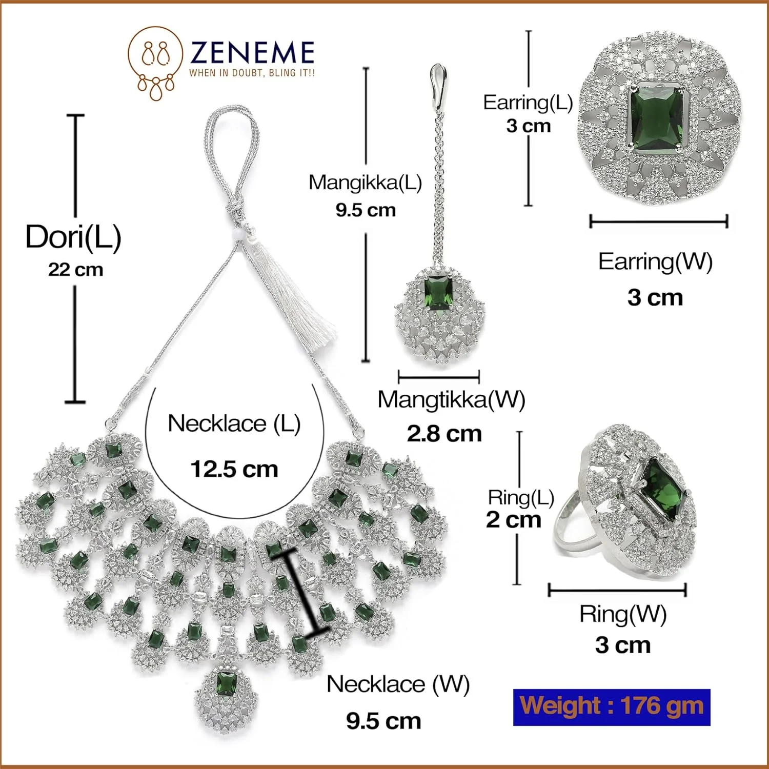 ست جواهرات زنانه شامل گردنبند آویزدار نگیندار با روکش رودیوم، گوشواره، انگشتر و مانگ تیکا برند زنمه ست جواهرات زنانه شامل گردنبند آویزدار نگیندار با روکش رودیوم، گوشواره، انگشتر و مانگ تیکا برند زنمه