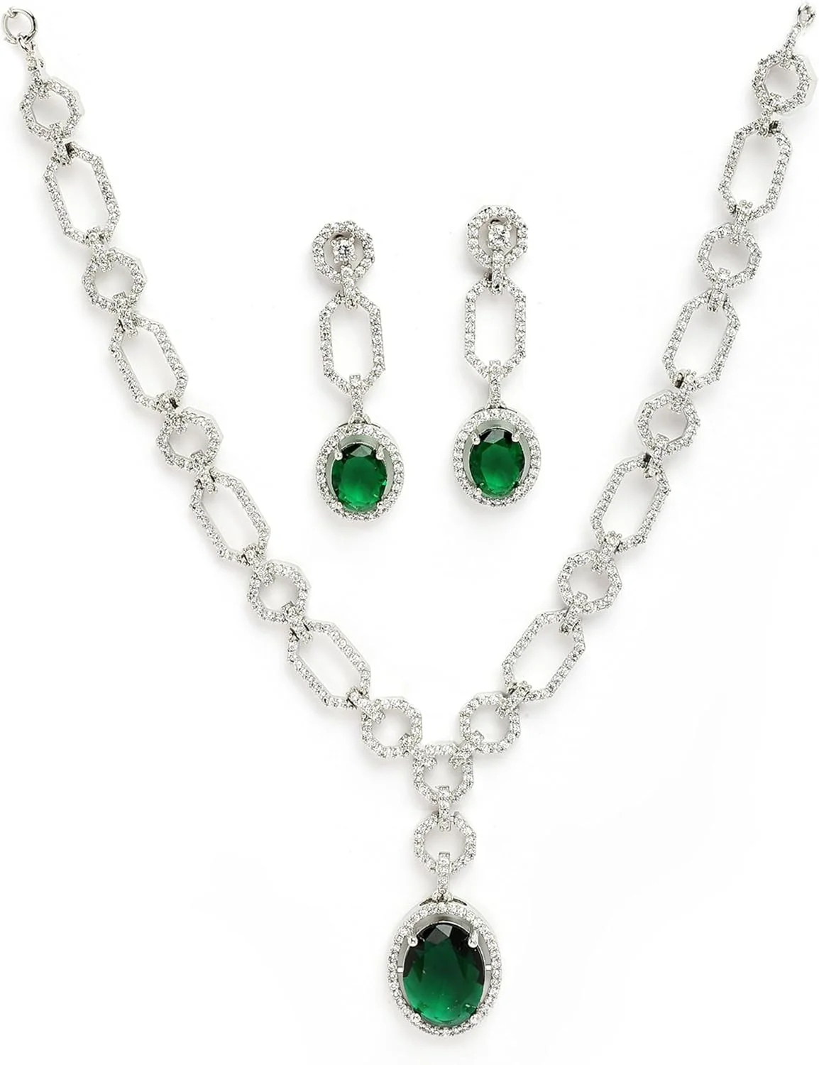 ست جواهرات زنانه شامل گردنبند و گوشواره با روکش رودیوم، طرح نقره ای، نگین های اتمی سبز رنگ و جزئیات مدرن از برند زنم