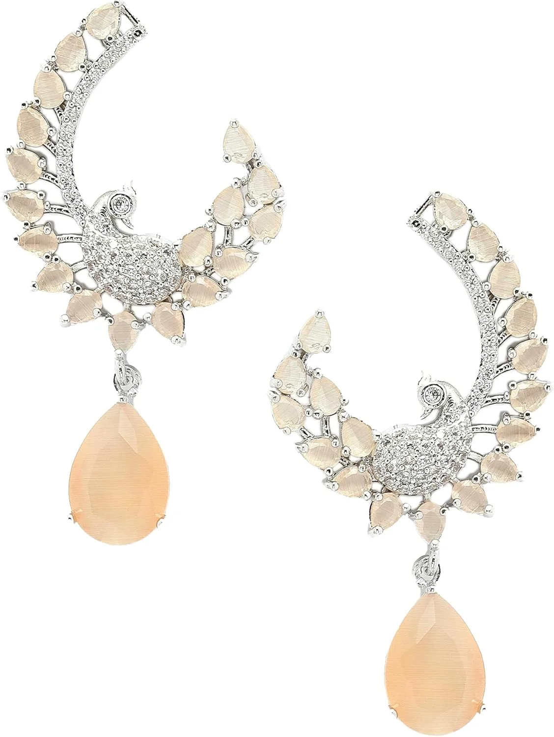 گوشواره های آویز طرح طاووس و پر نگین اتمی روکش رودیوم زنانه و دخترانه (نارنجی) از برند زنم